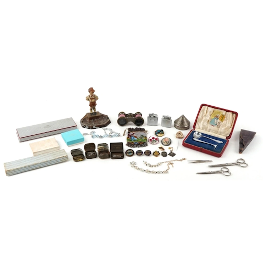 Antique and later objects including beadwork purse, enamelle...