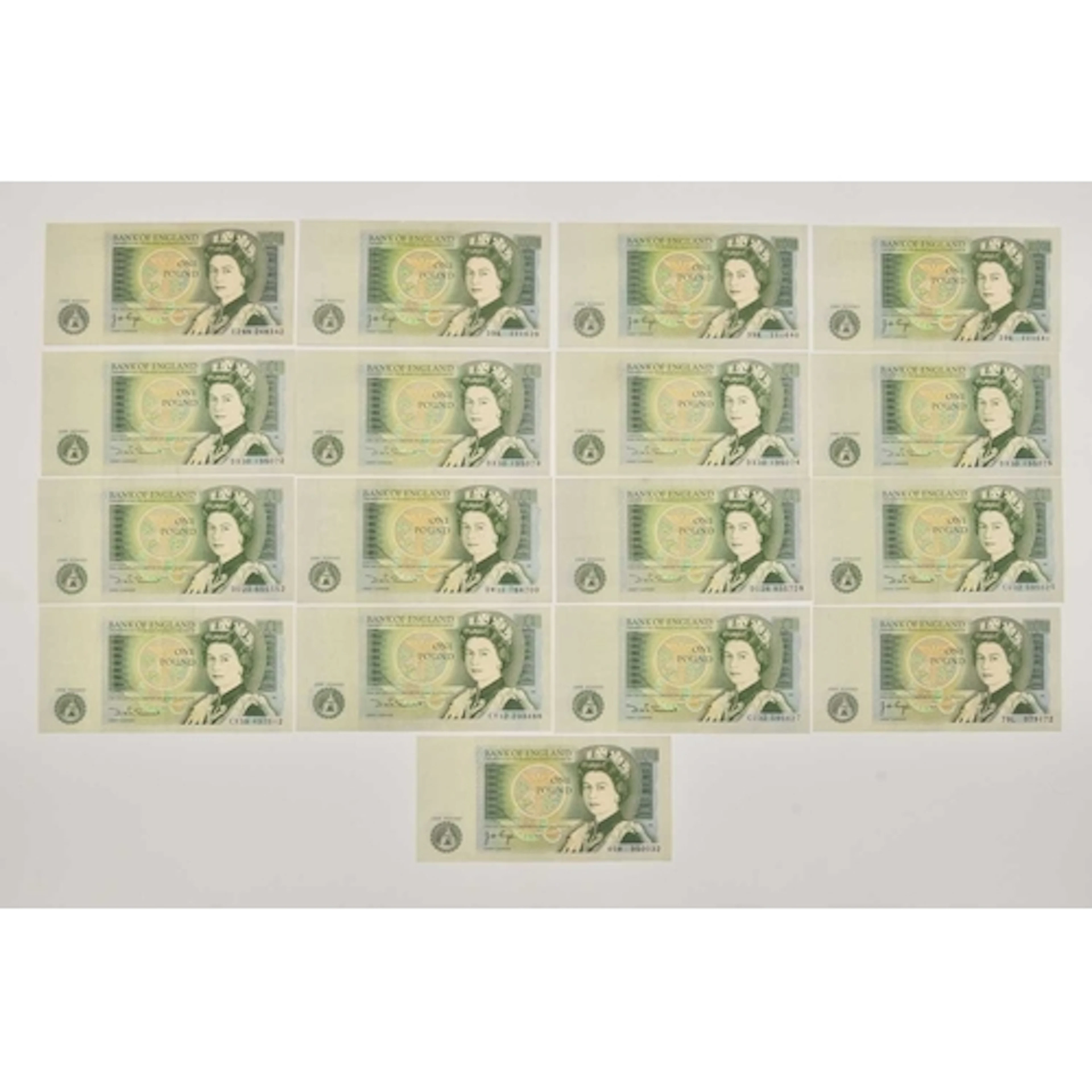 Banknotes. 17 x One Pound Notes. 4 x Page 3 consecutively nu...