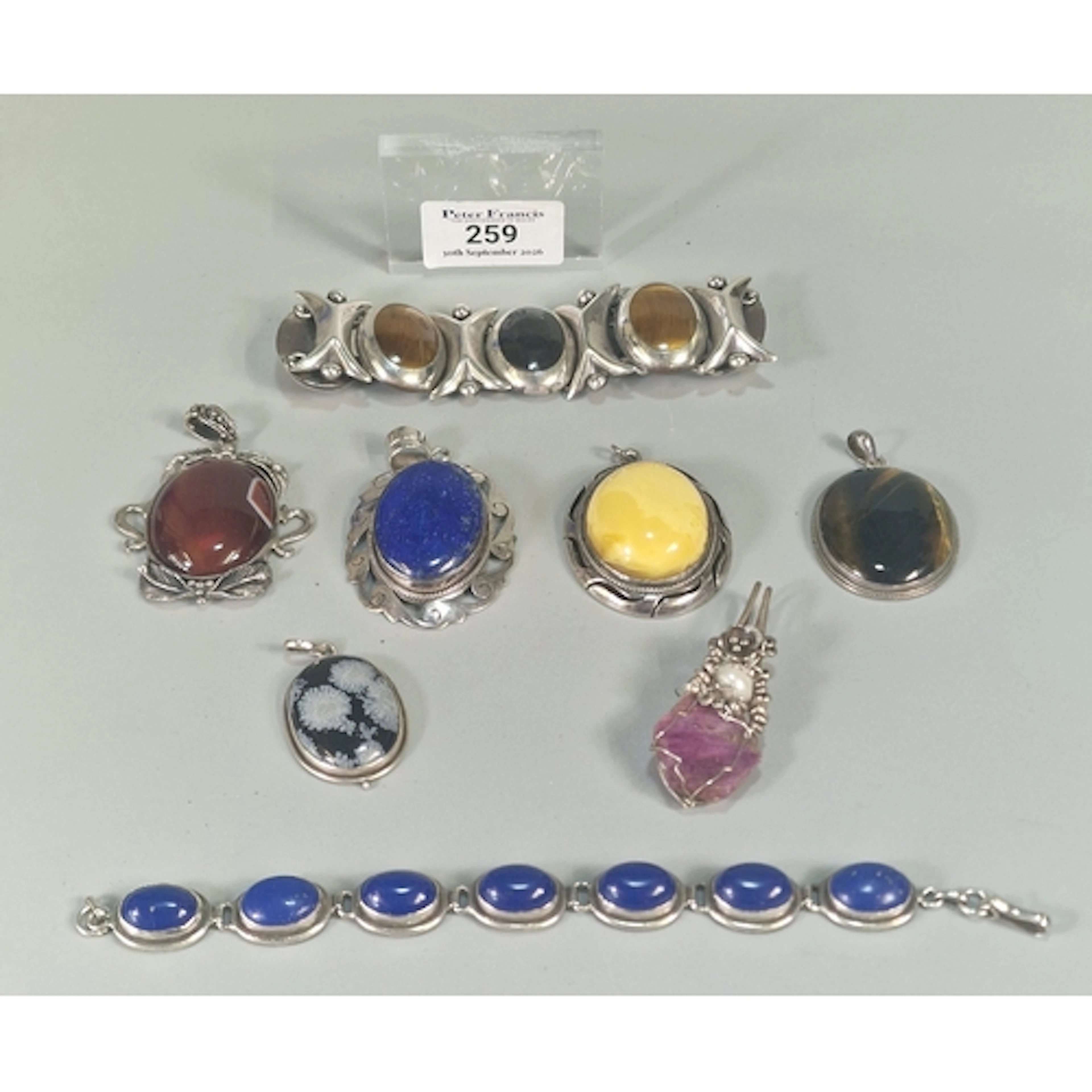 Collection of Modernist design silver and white metal jewell...