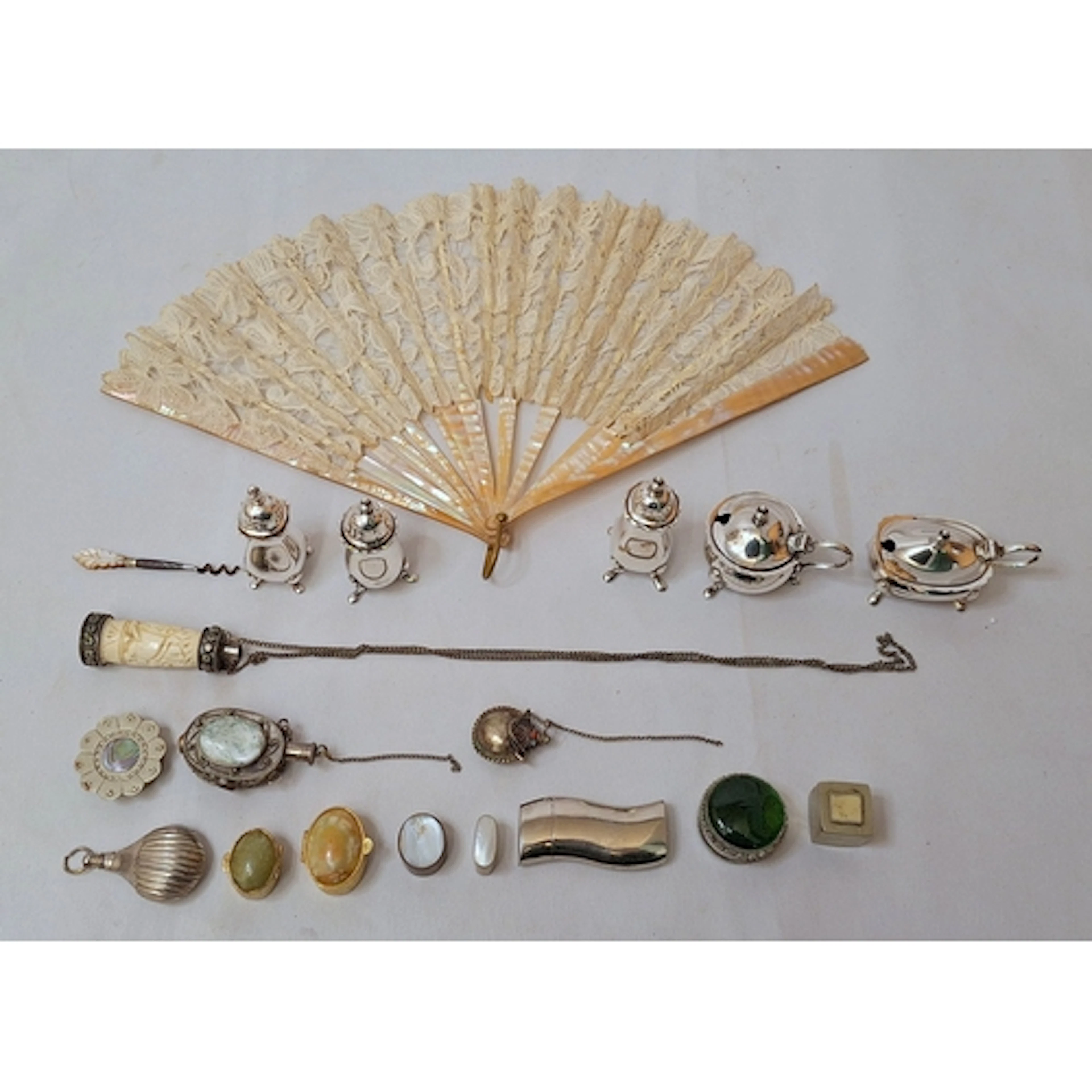 Lace Mother of Pearl Framed Fan slightly A/f, white metal pi...