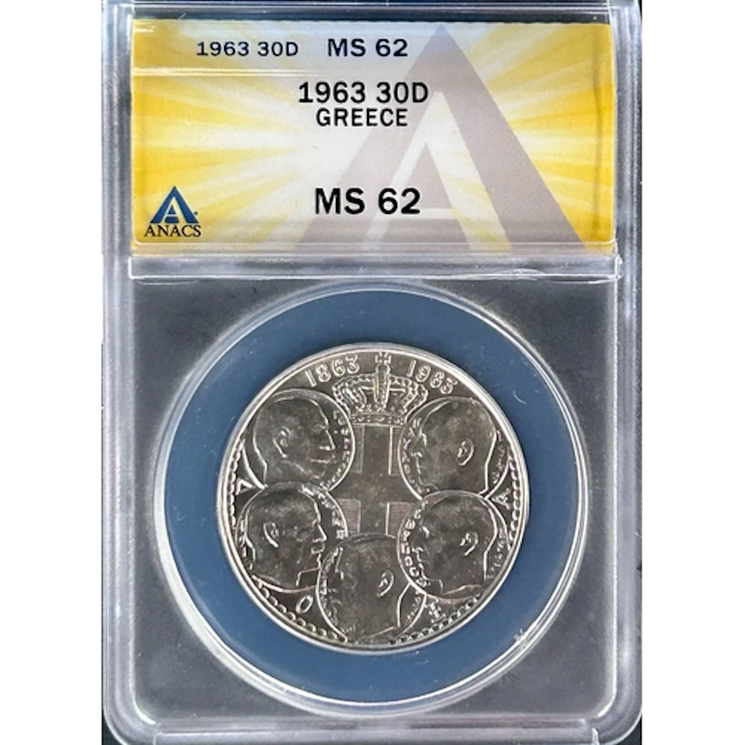 Greece 1963 silver 30 Drachmai coin, slabbed and graded by A...