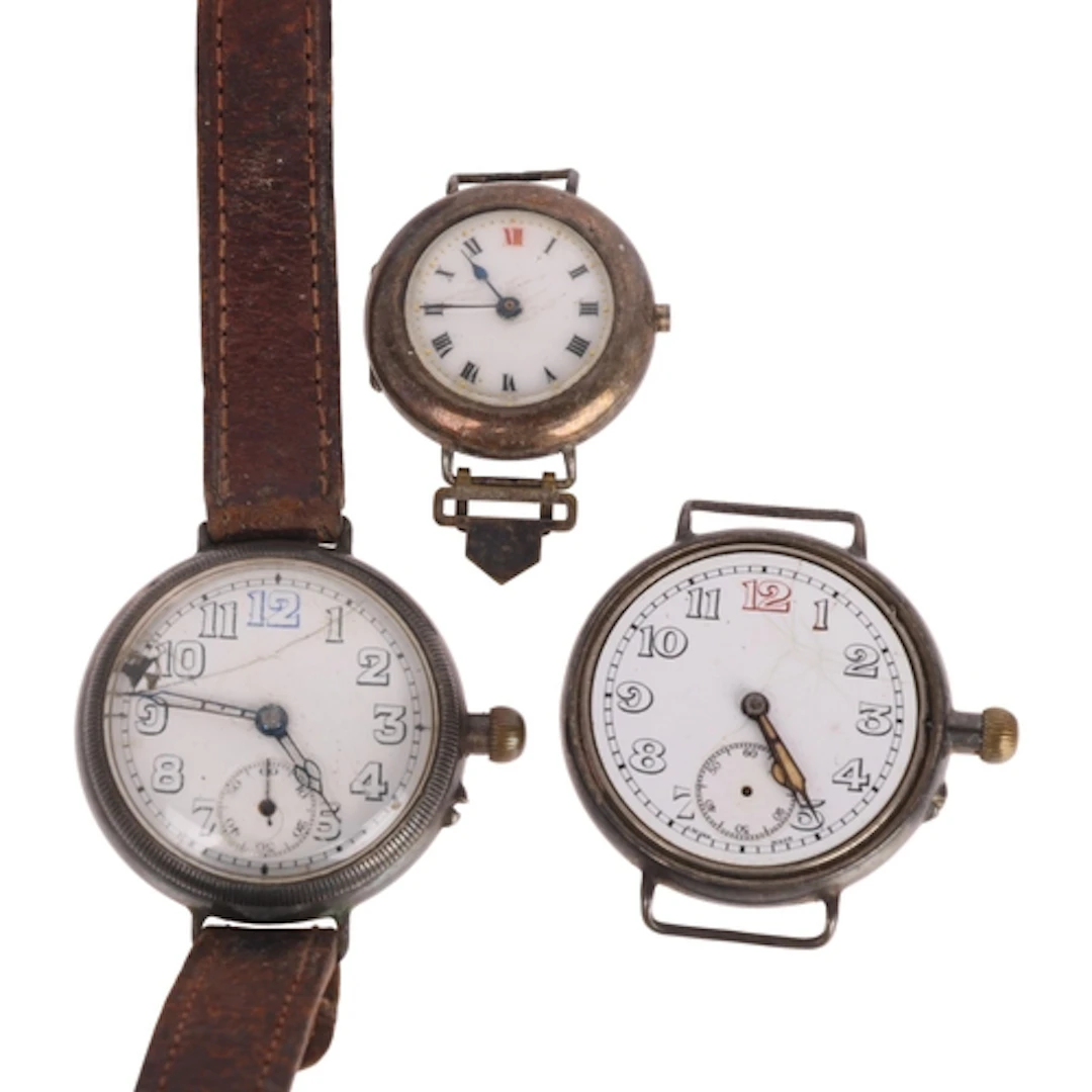 3 silver Officer's style wristwatches, including Borgel exam...