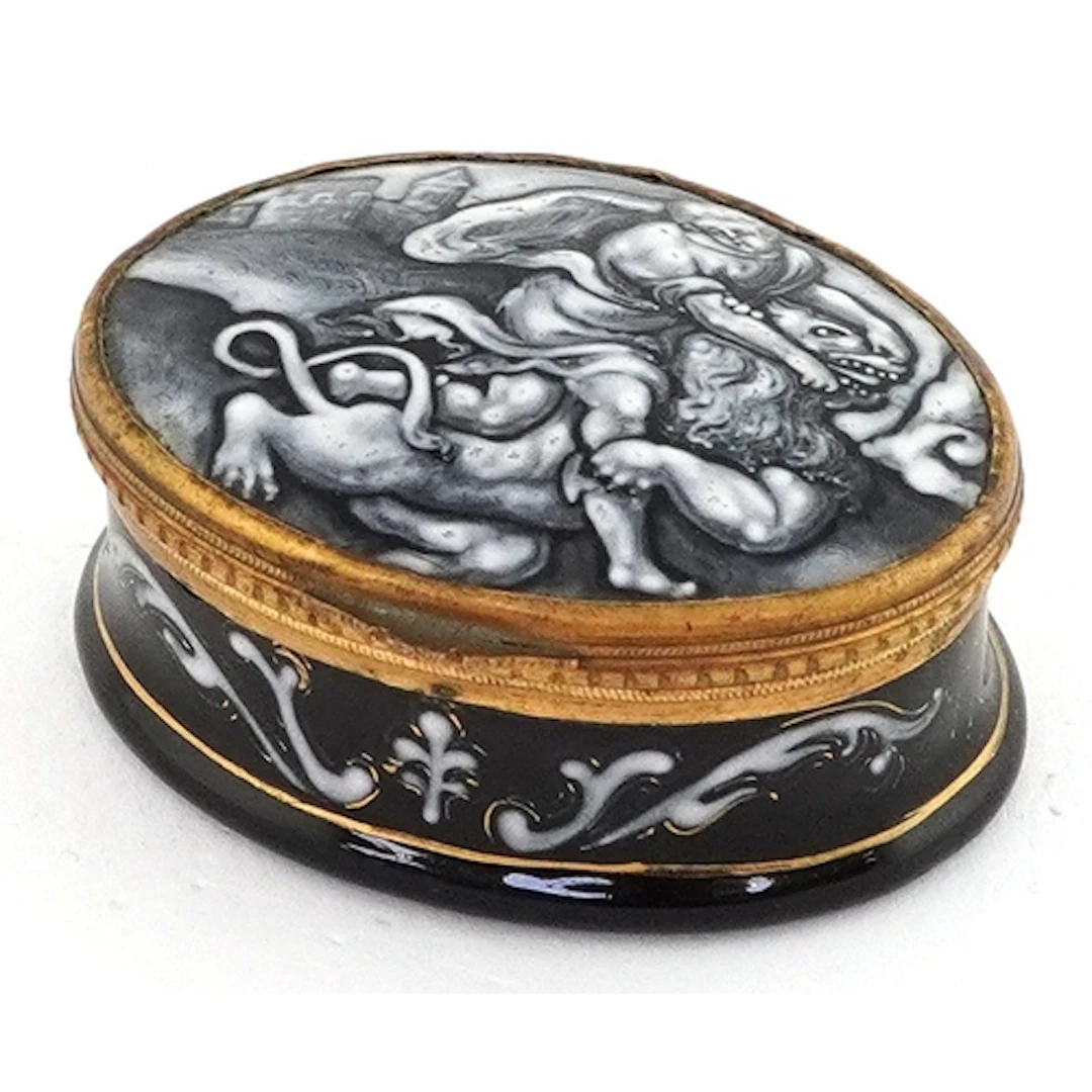 19th century French enamel box having hinged lid hand painte...