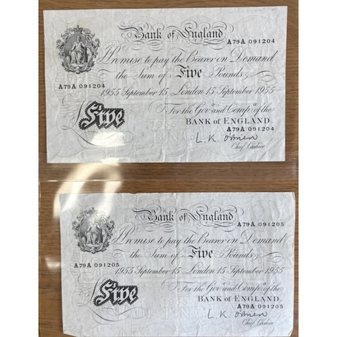 L. K. O'Brien. Pair of £5 white notes, generally very fine, ...