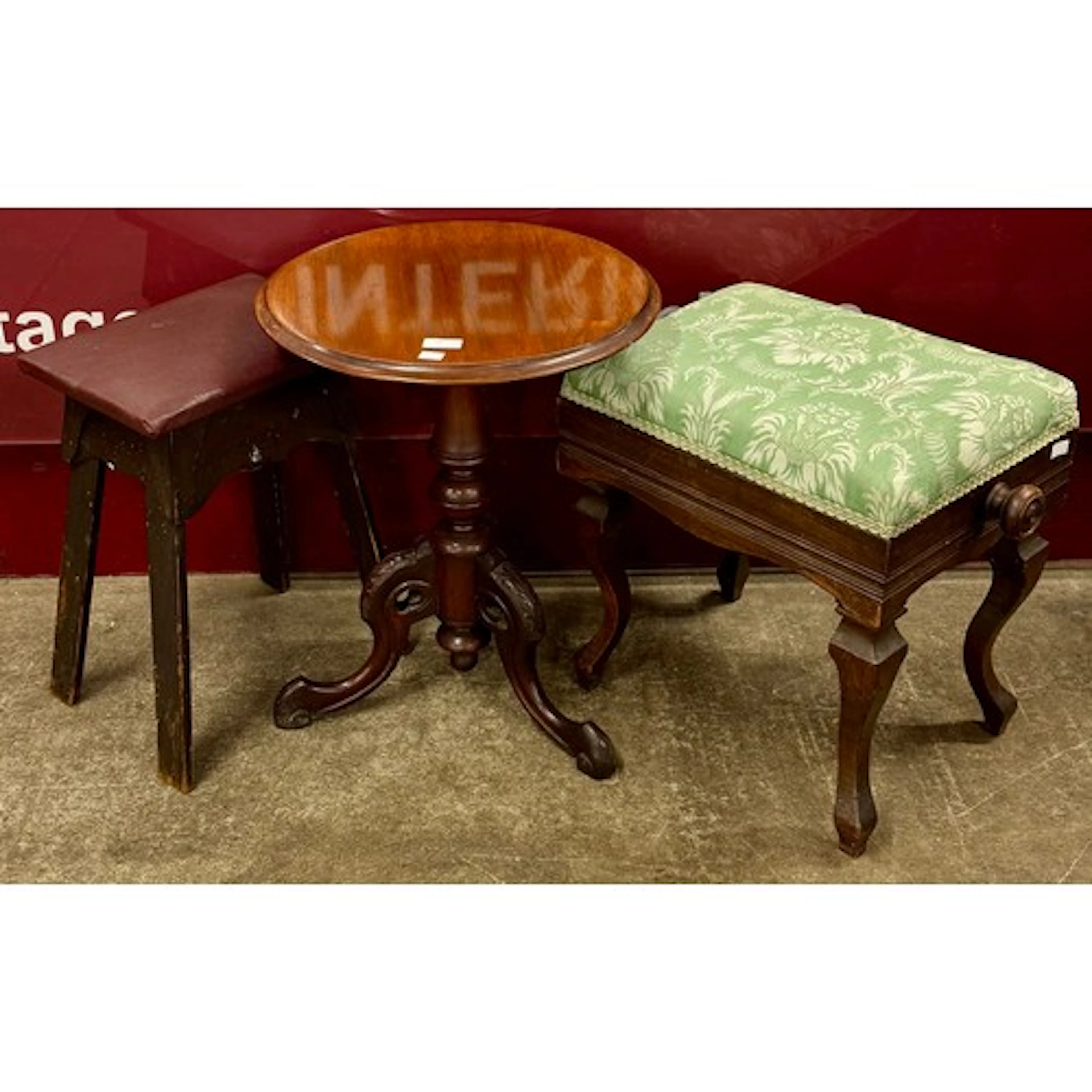 A Chippendale style mahogany tripod wine table, a piano stoo...