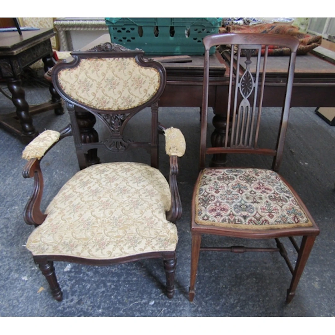Two Antique Chairs One Armchair One Single Chair Upholstered...