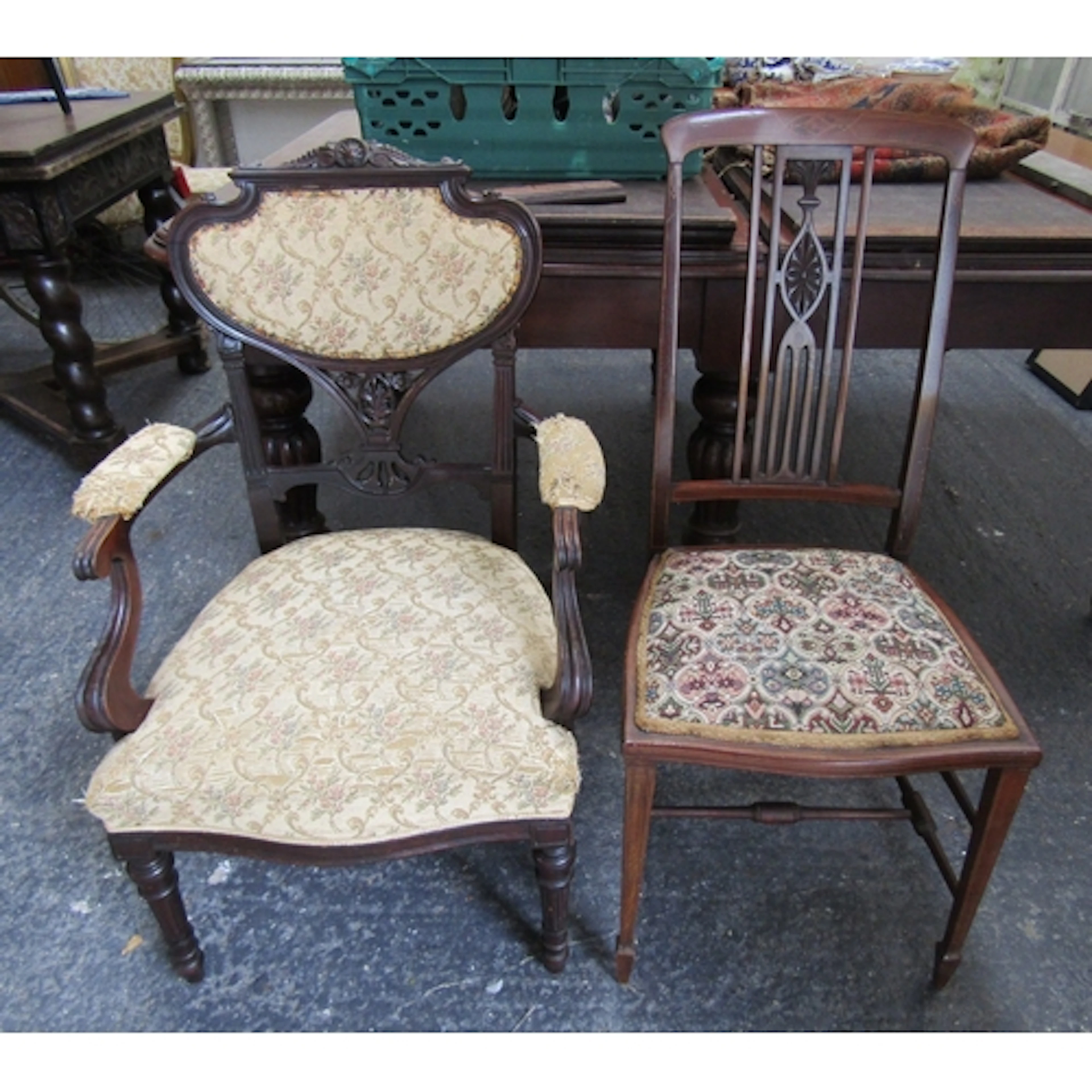 Two Antique Chairs One Armchair One Single Chair Upholstered...
