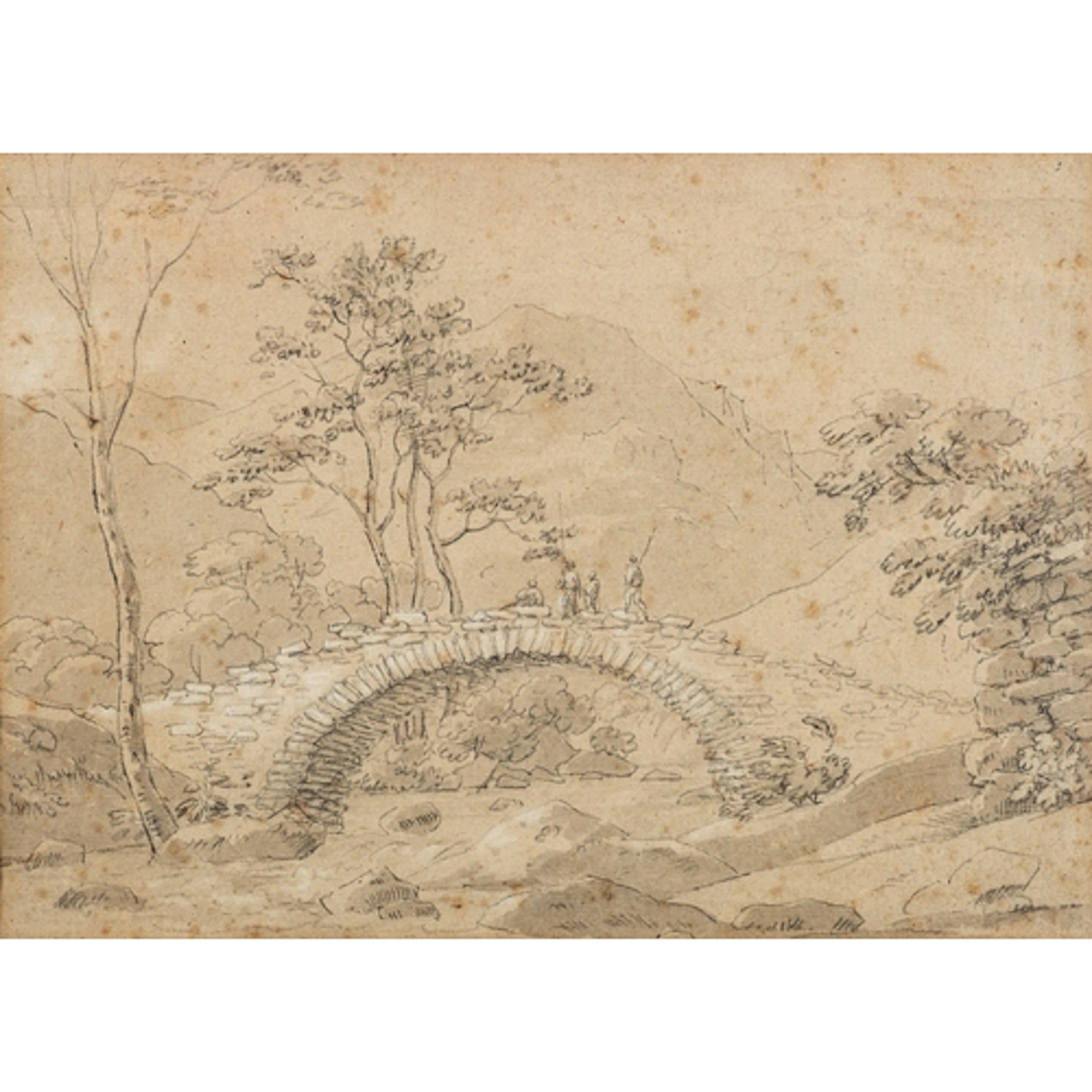 European school - Figures fishing off an arched bridge - Pe...