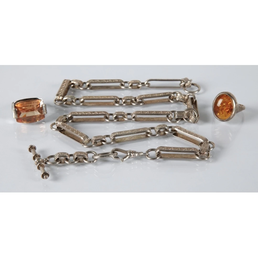 Silver fetter link watch guard chain, the fetters with scrol...