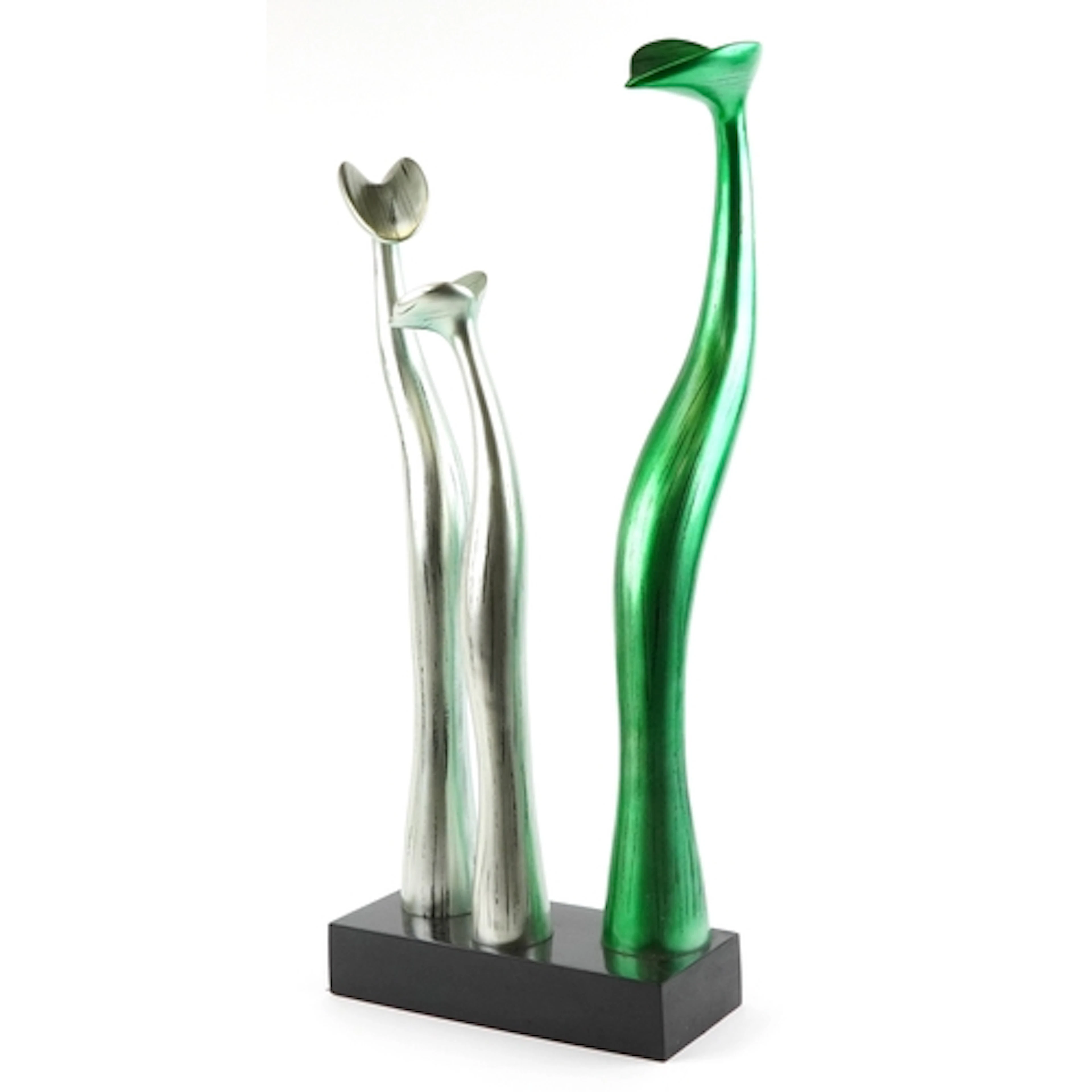 Modernist sculpture of three standing flowers raised on a bl...