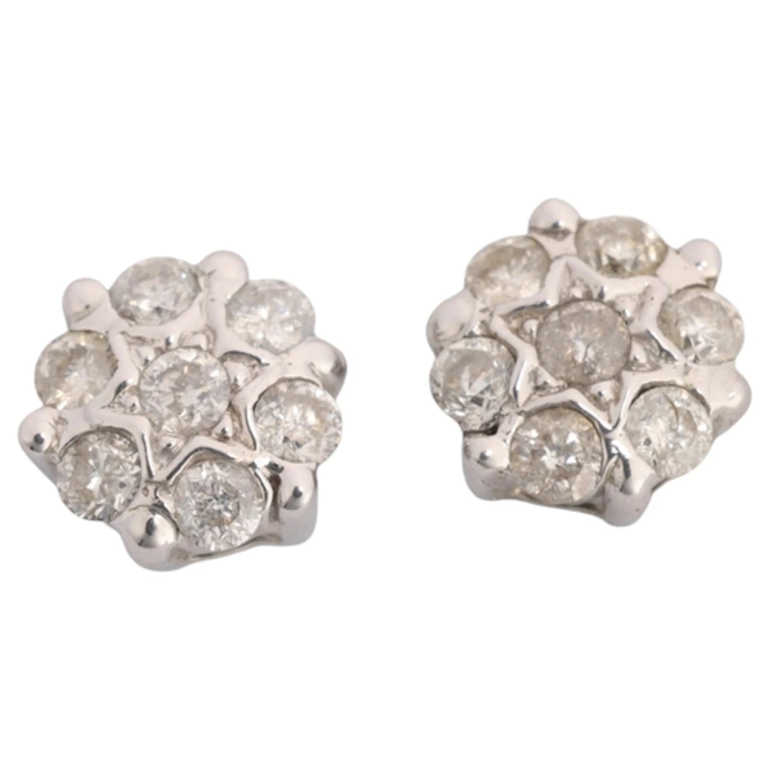 A pair of 9ct gold diamond cluster stud earrings, each set w...