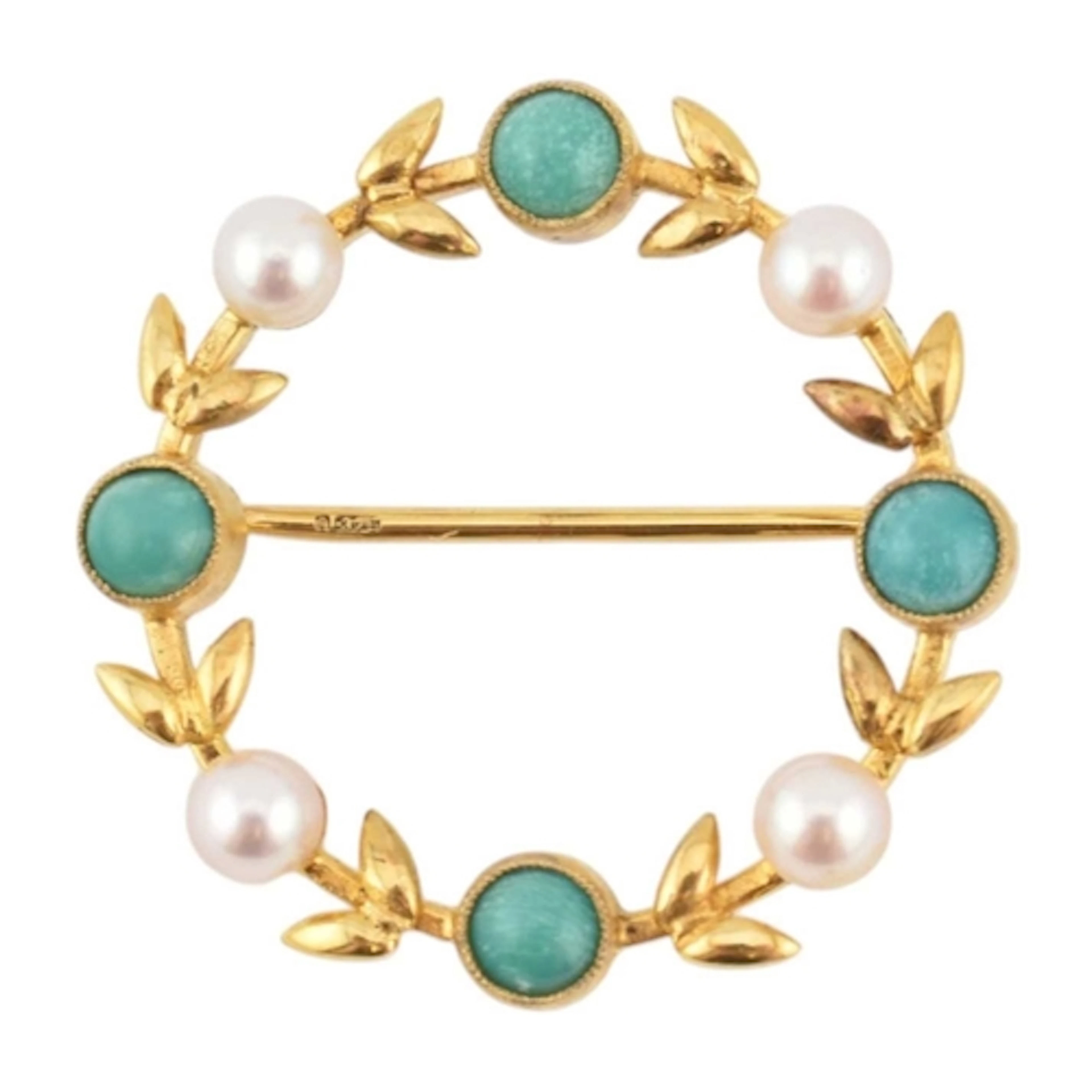 A 9ct gold, turquoise and seed pearl garland brooch pin. Set...