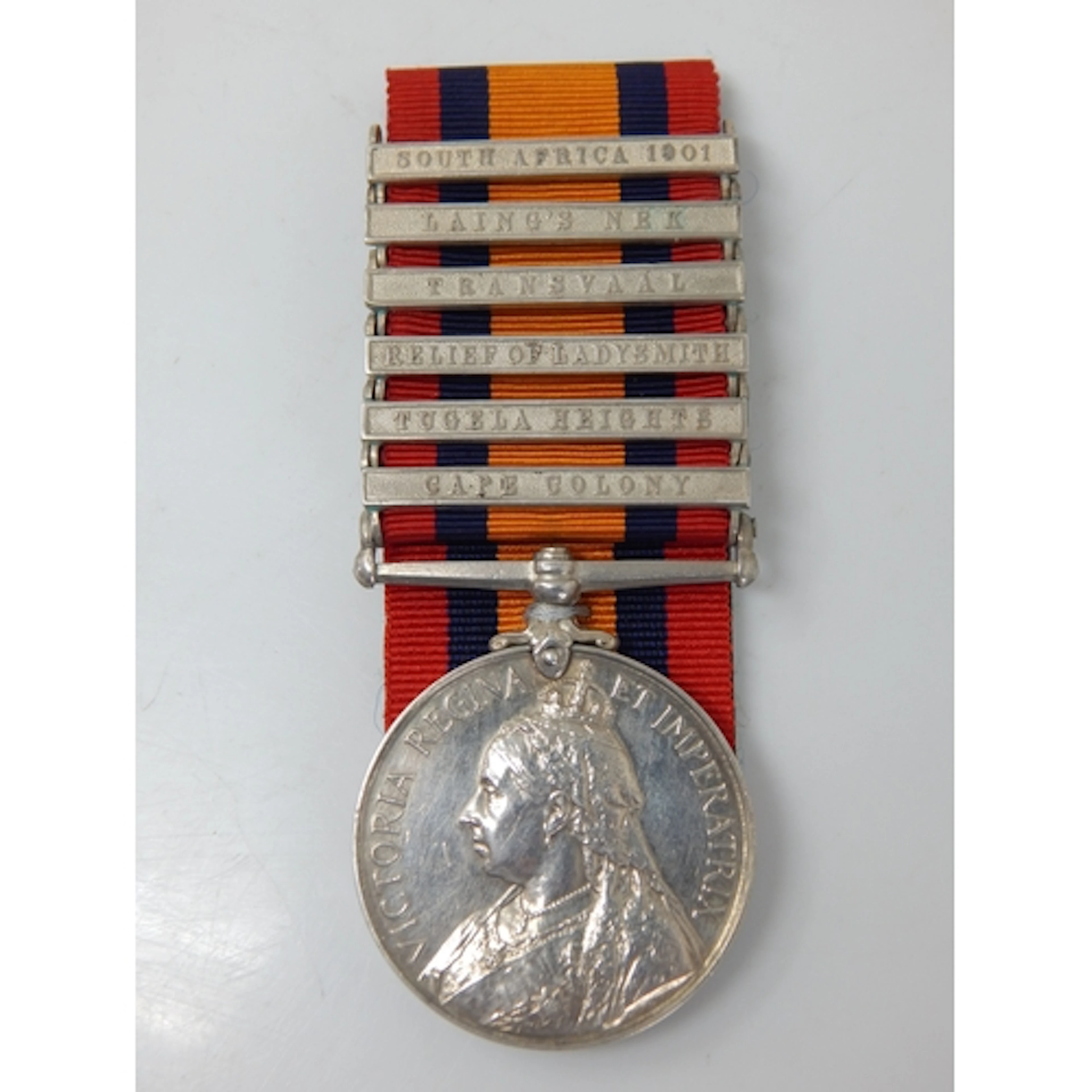 Boer War 6 Bar Q.S.A Medal with Clasps for 1901, Laings Nek,...