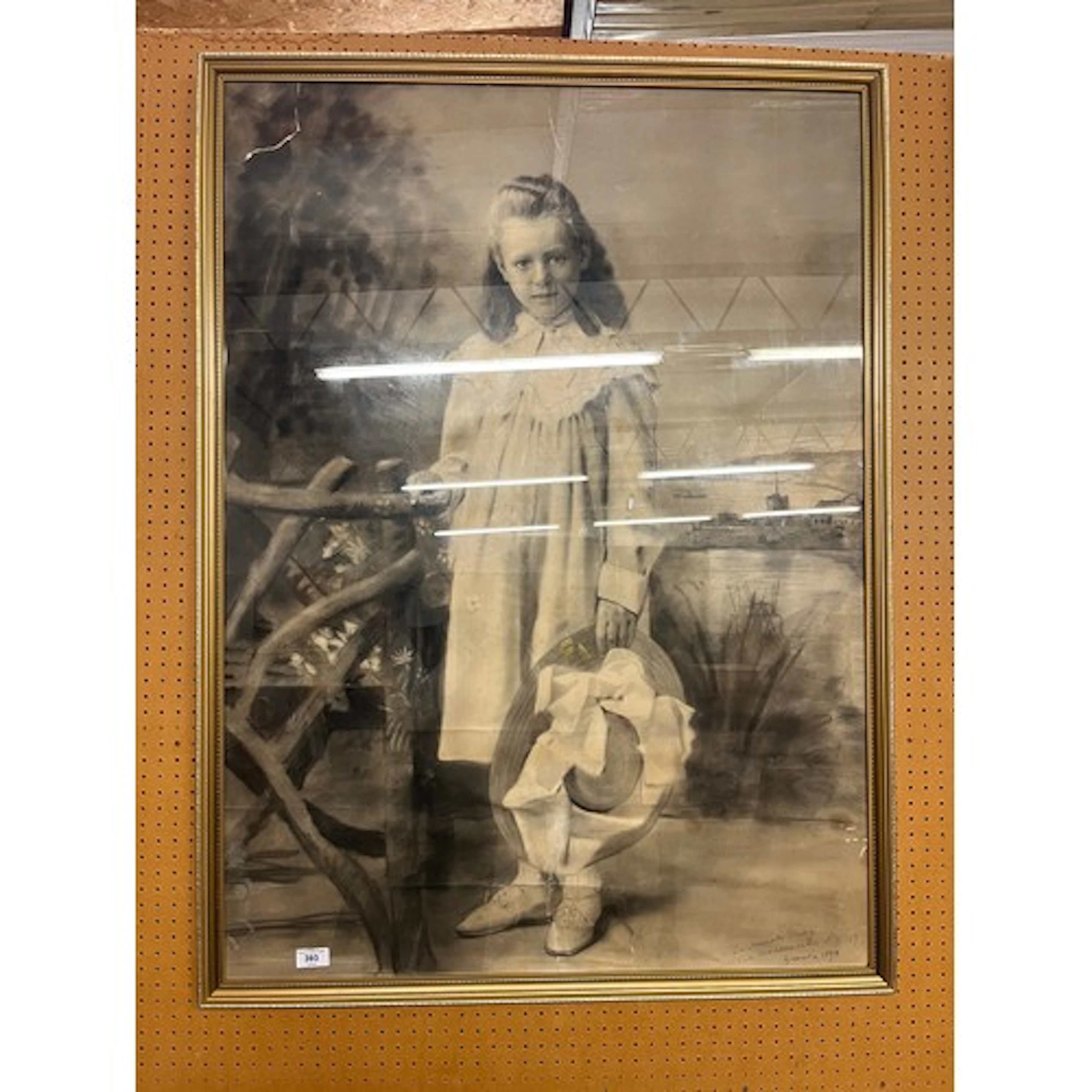 Large framed charcoal drawing, Portrait of a young girl, s...
