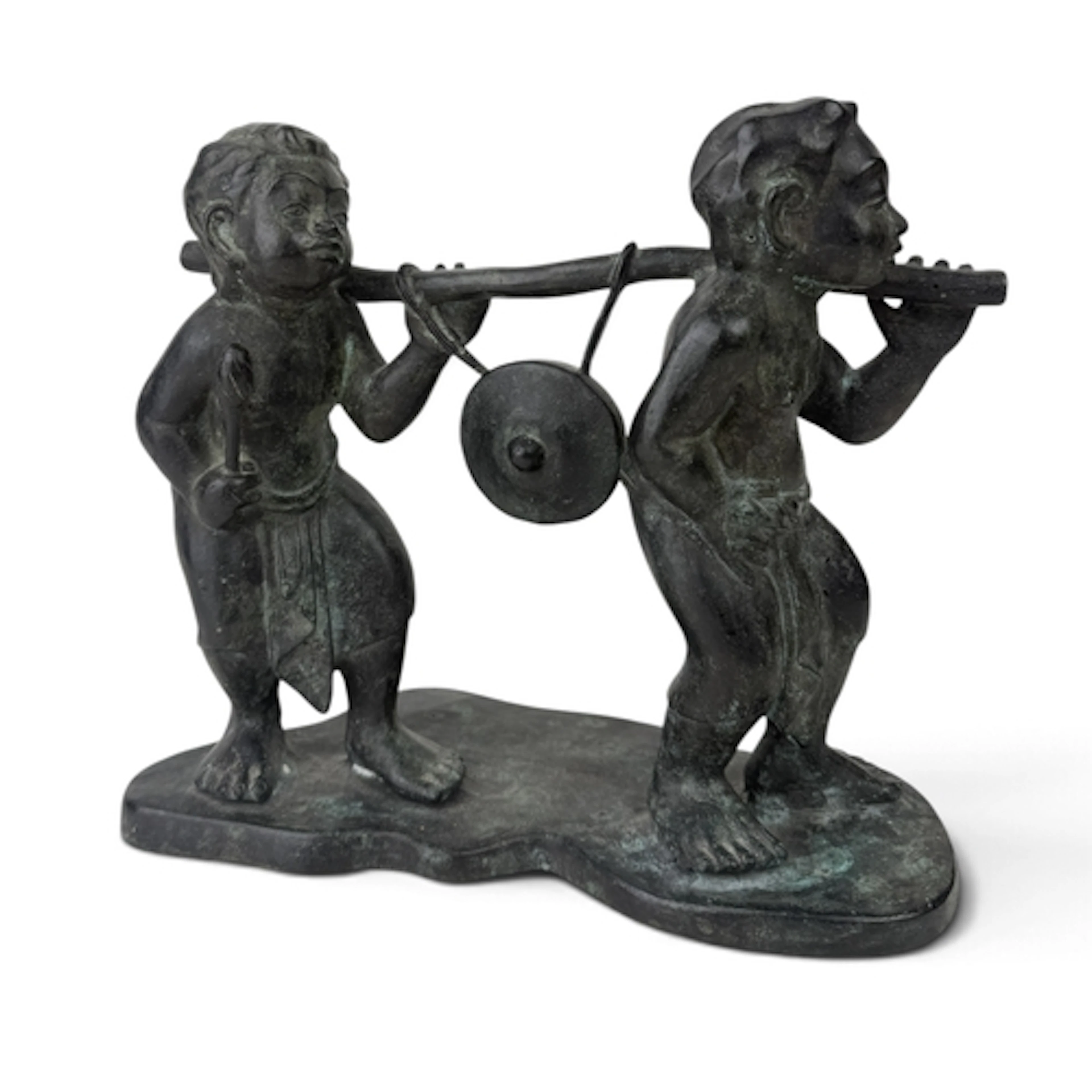 A BURMESE BRONZE SCULPTURE OF TWO FIGURES CARRYING A GONG 28...