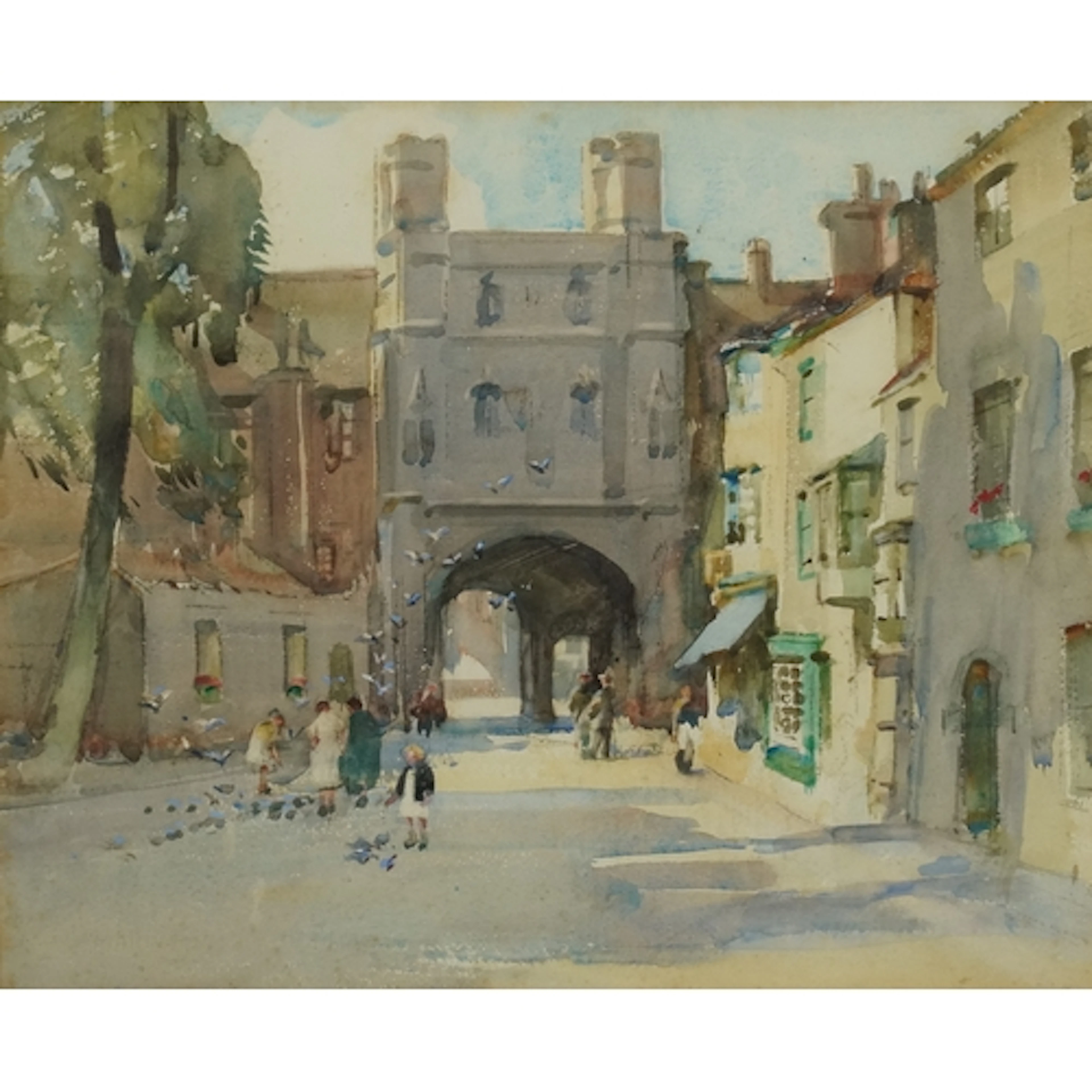 Ethel M Mallinson - Feeding Pigeons, Canterbury, early 20th ...
