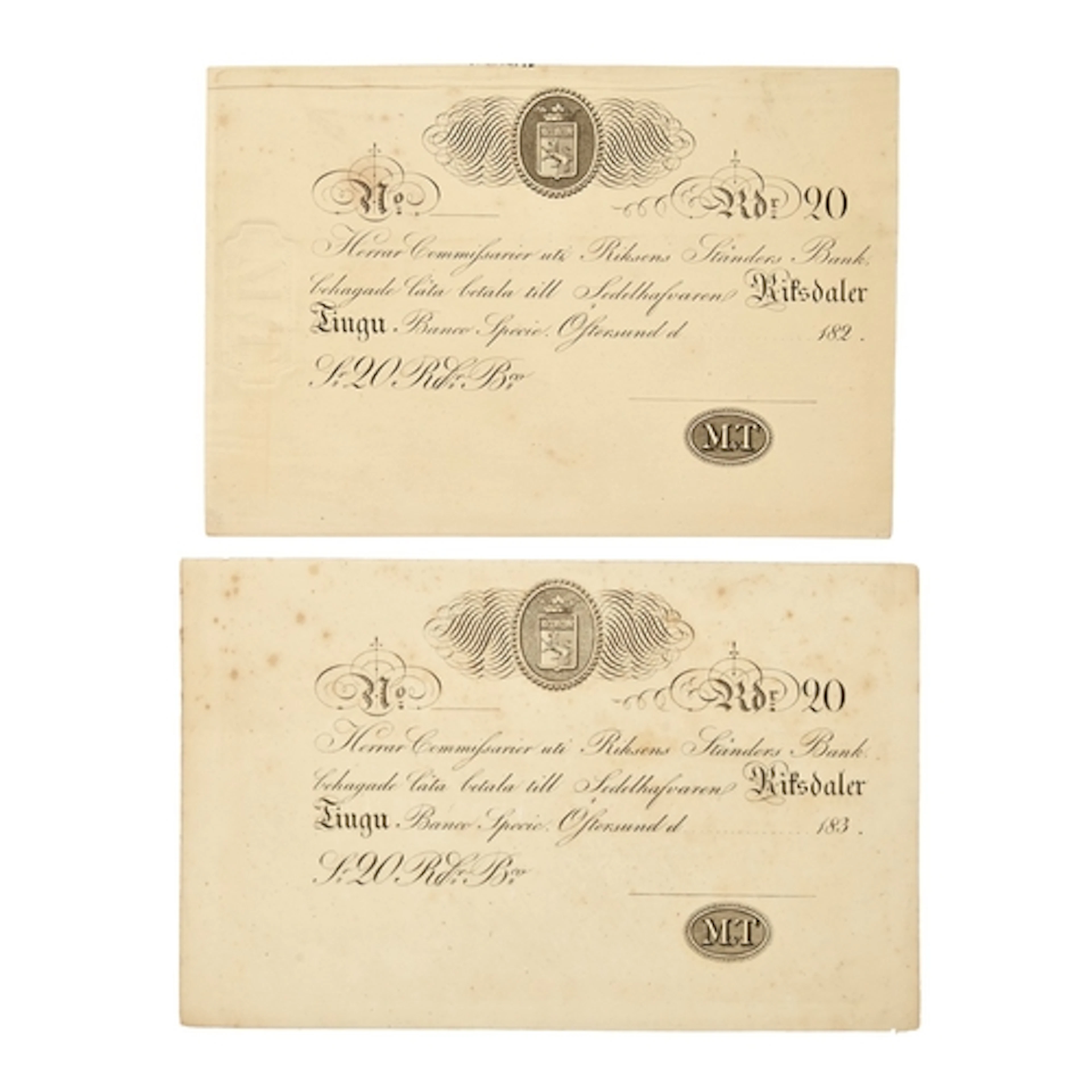 Paper money. Sweden, Riksens Standers Bank, 20 riksdaler 182...