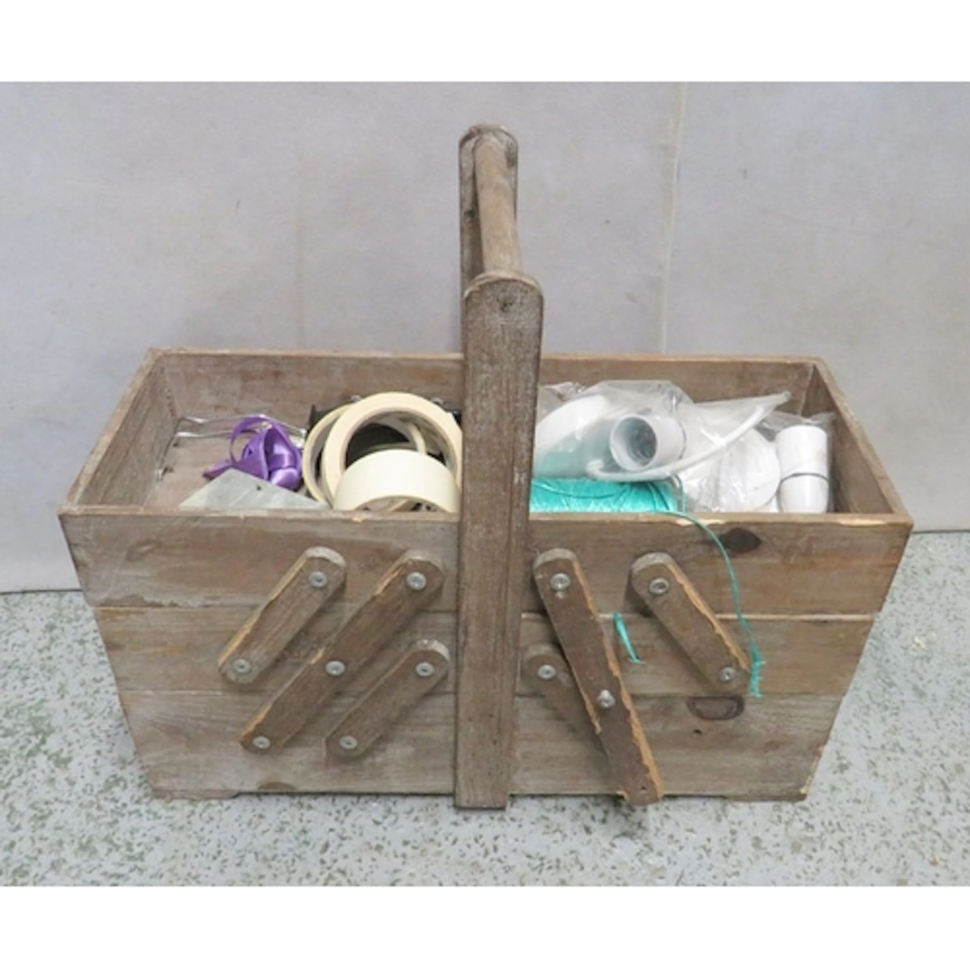 Vintage Wooden Cantilever Tool Box with contents incl. strin...