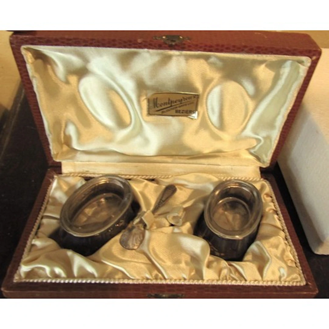 Two French White Metal Boxed Sets Pair of Table Salts and An...