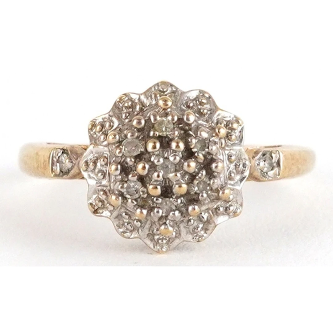 9ct gold diamond three tier cluster ring, the band stamped 0...