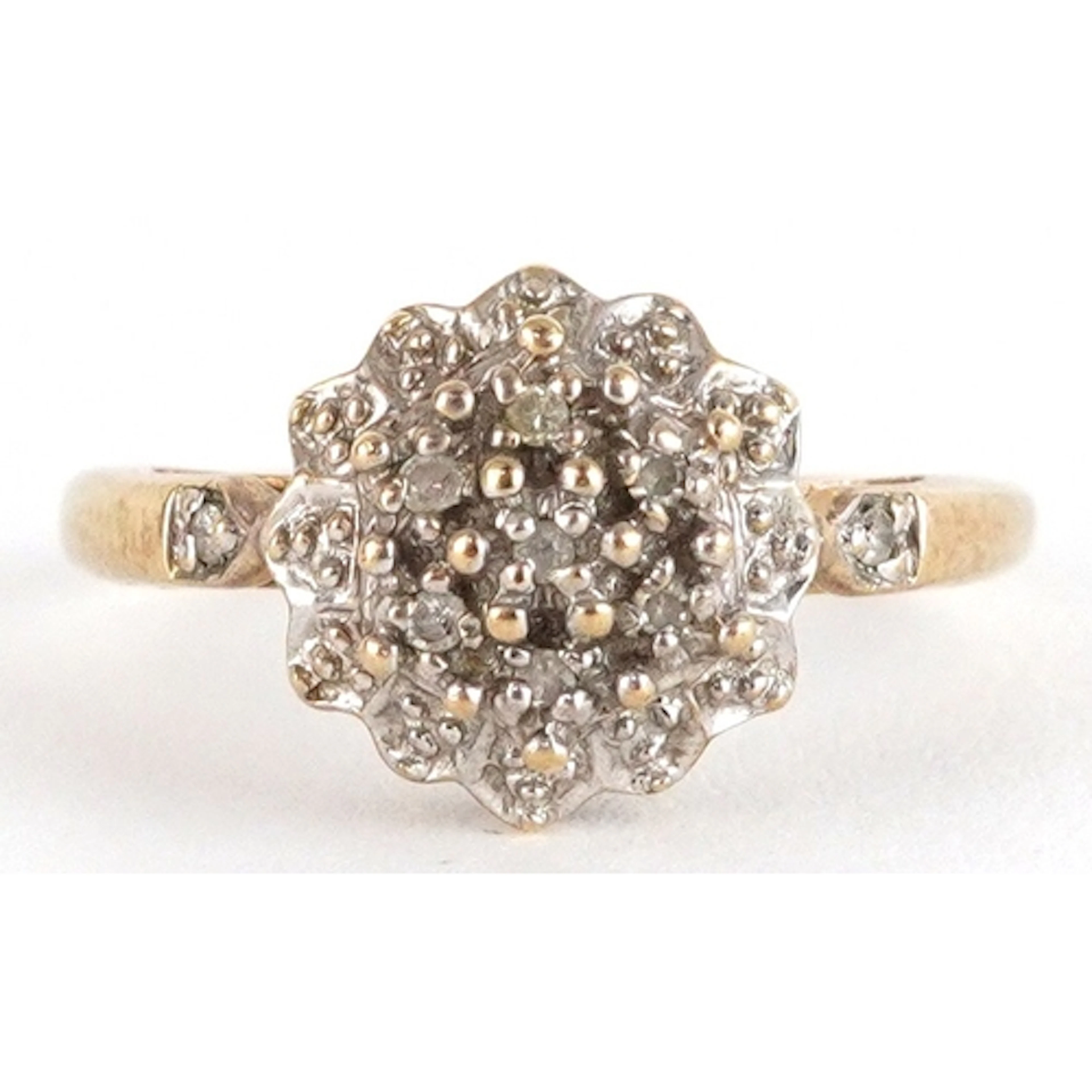9ct gold diamond three tier cluster ring, the band stamped 0...