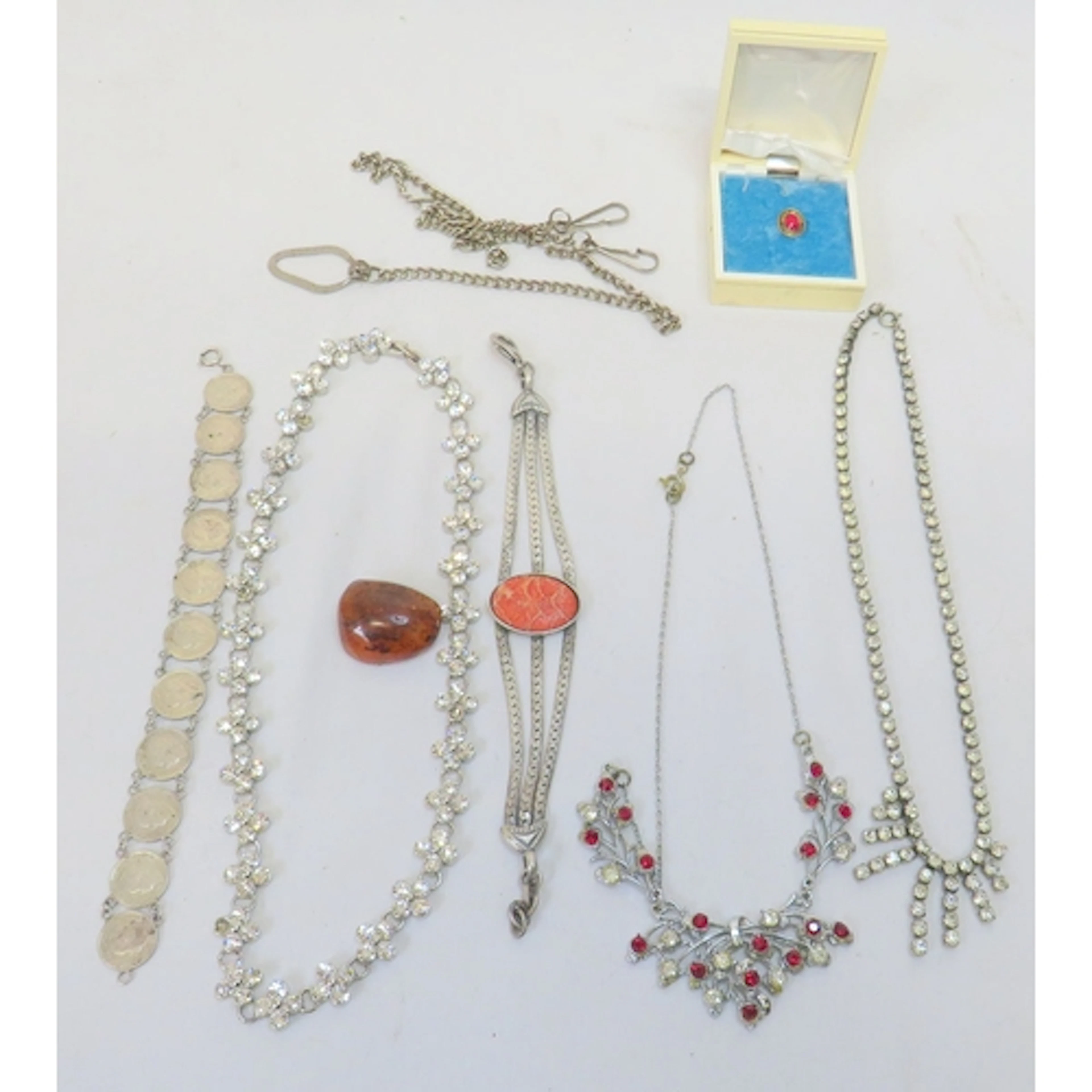 Paste Necklaces, gilt & pink stone tie tack, base metal watc...