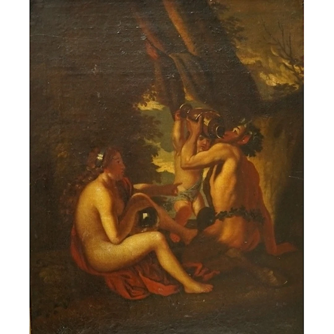 After Nicolas Poussin, 'Satyr and Nymph', 19th century oil o...