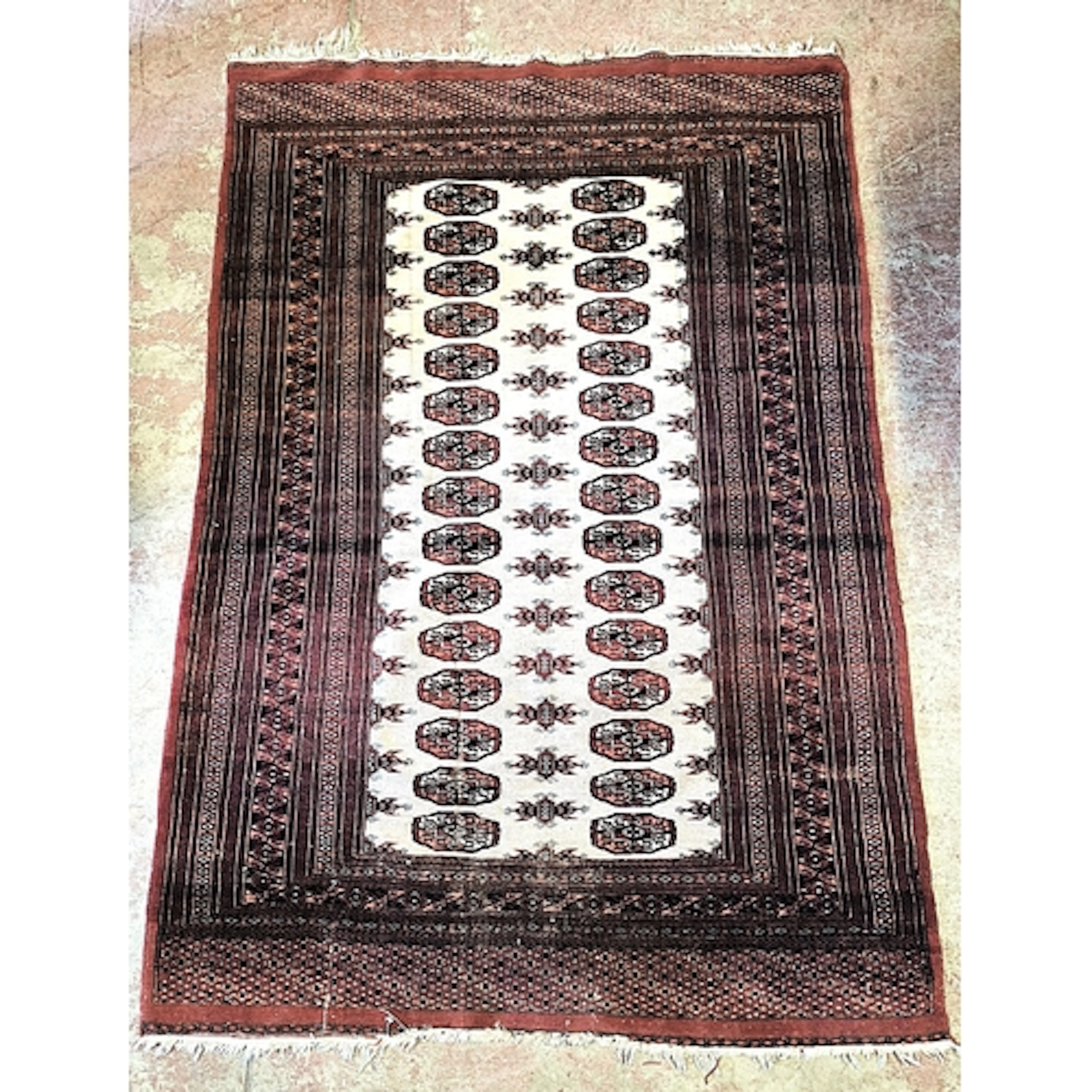 Turkoman Bokhara hand knotted rug with fifteen rows of two g...