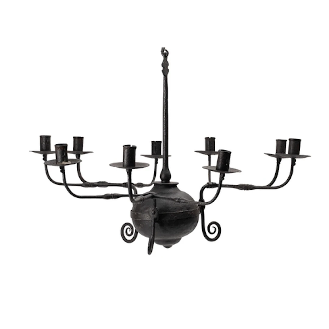 A wrought iron nine-light chandelier in early 18th century t...