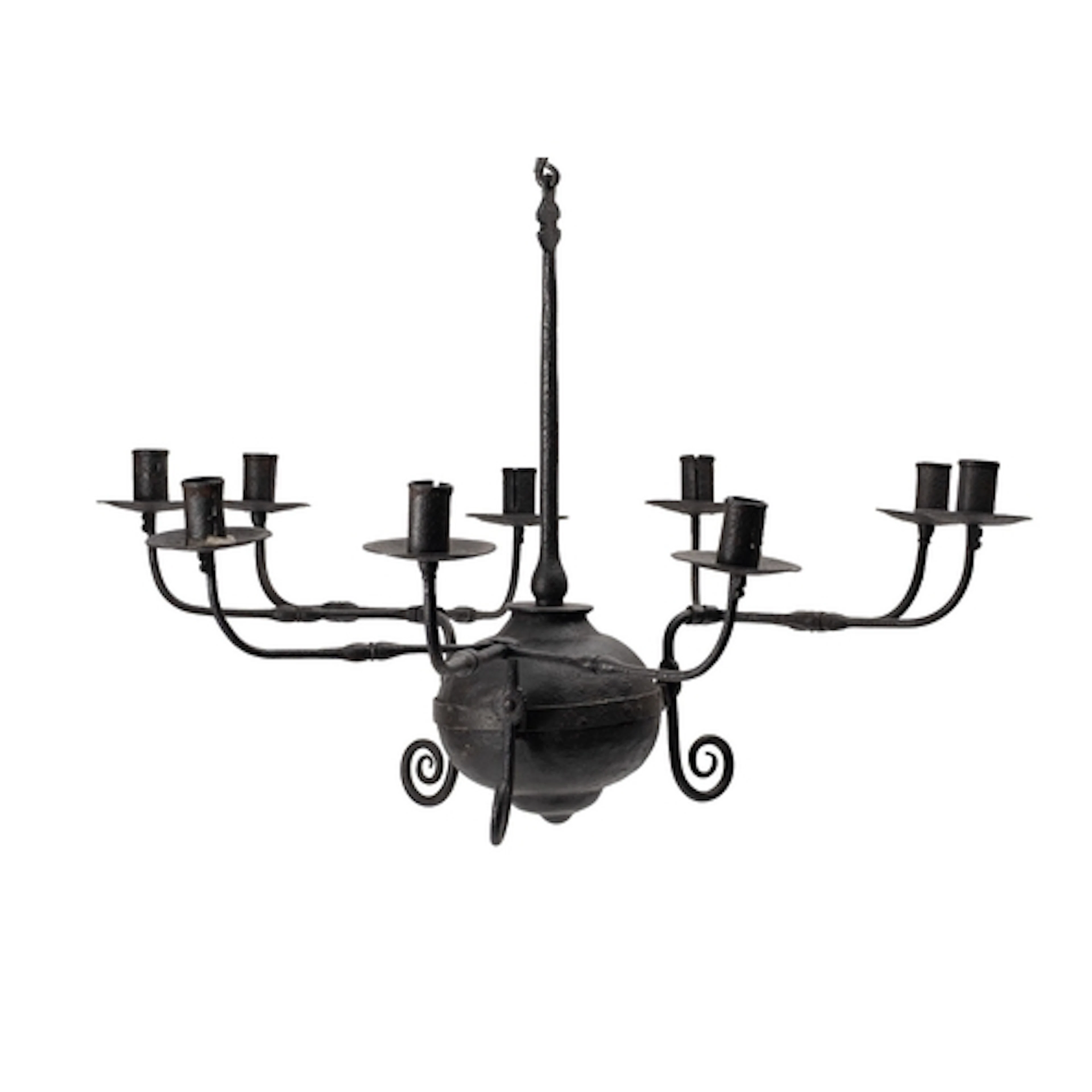A wrought iron nine-light chandelier in early 18th century t...