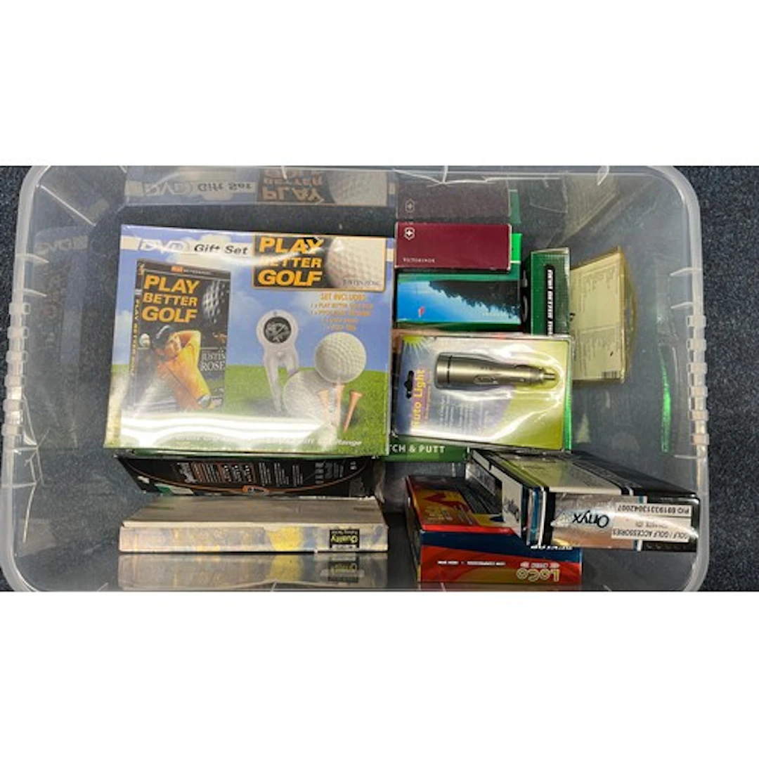 Box containing boxed golf ball sets, etc.