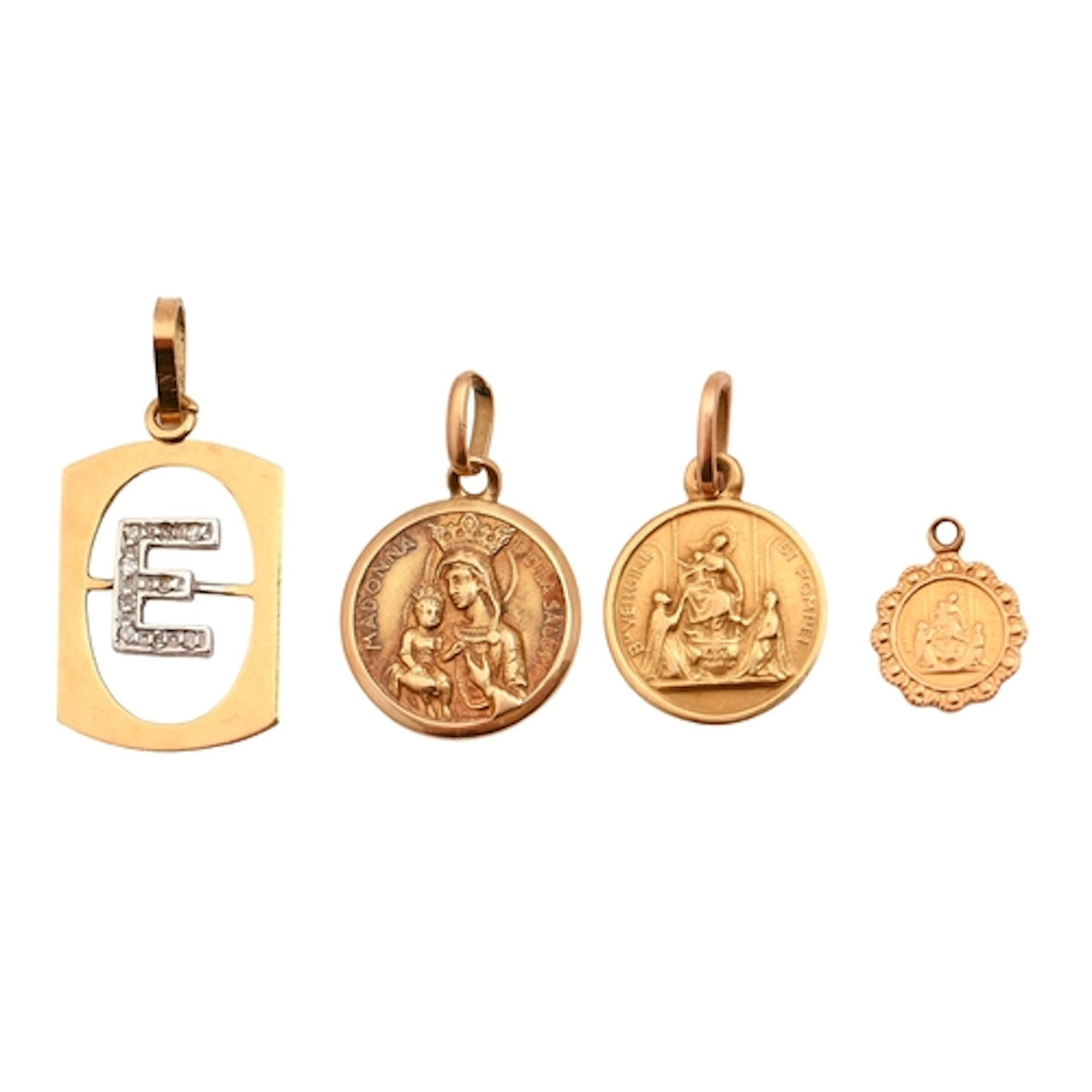 Four gold pendants, various sizes, marked 750, 4.5g...