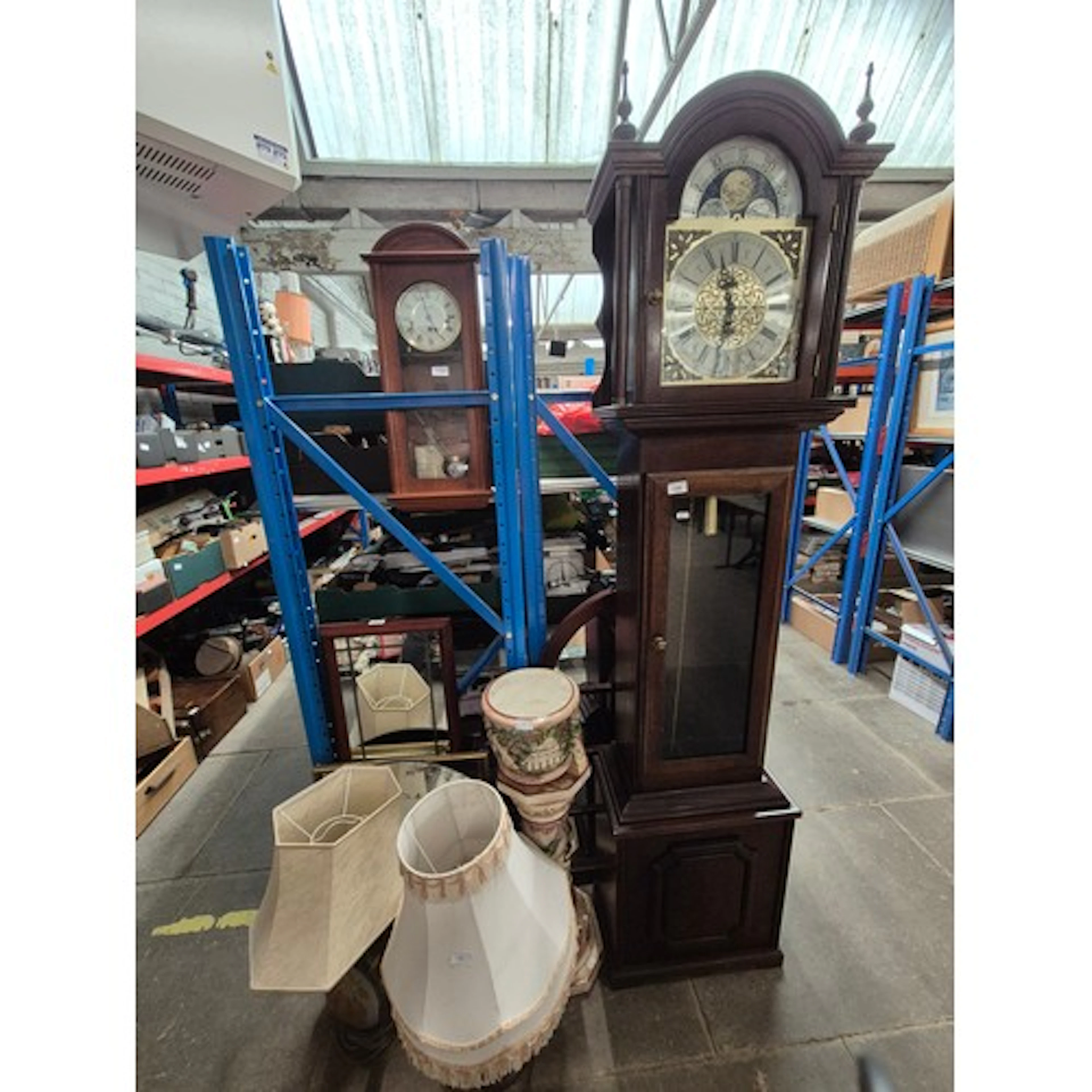 A repro grandfather clock, wall clock, jardiniere, 2 table l...