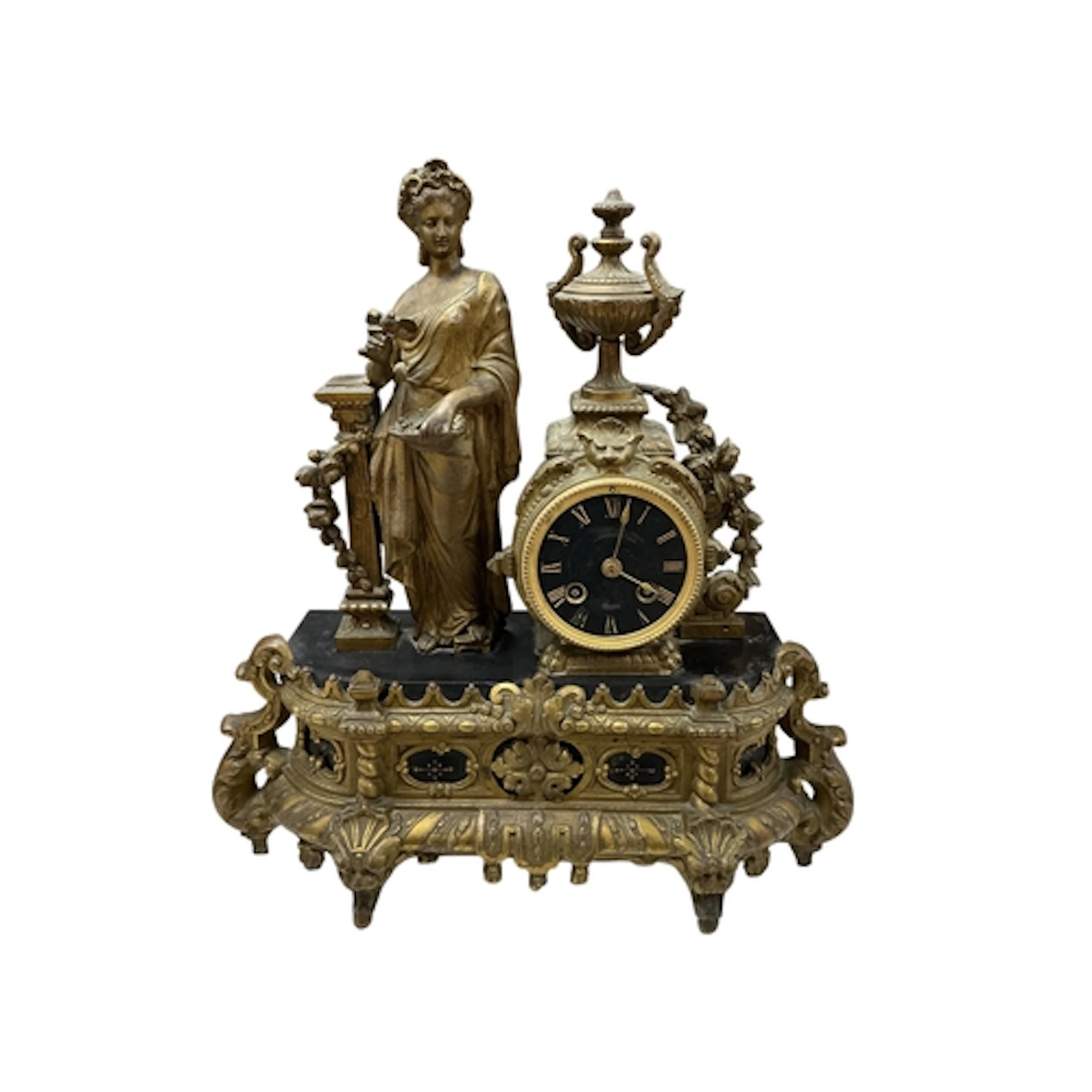 A 19th-century French gilt-metal mantel clock, surmounted by...