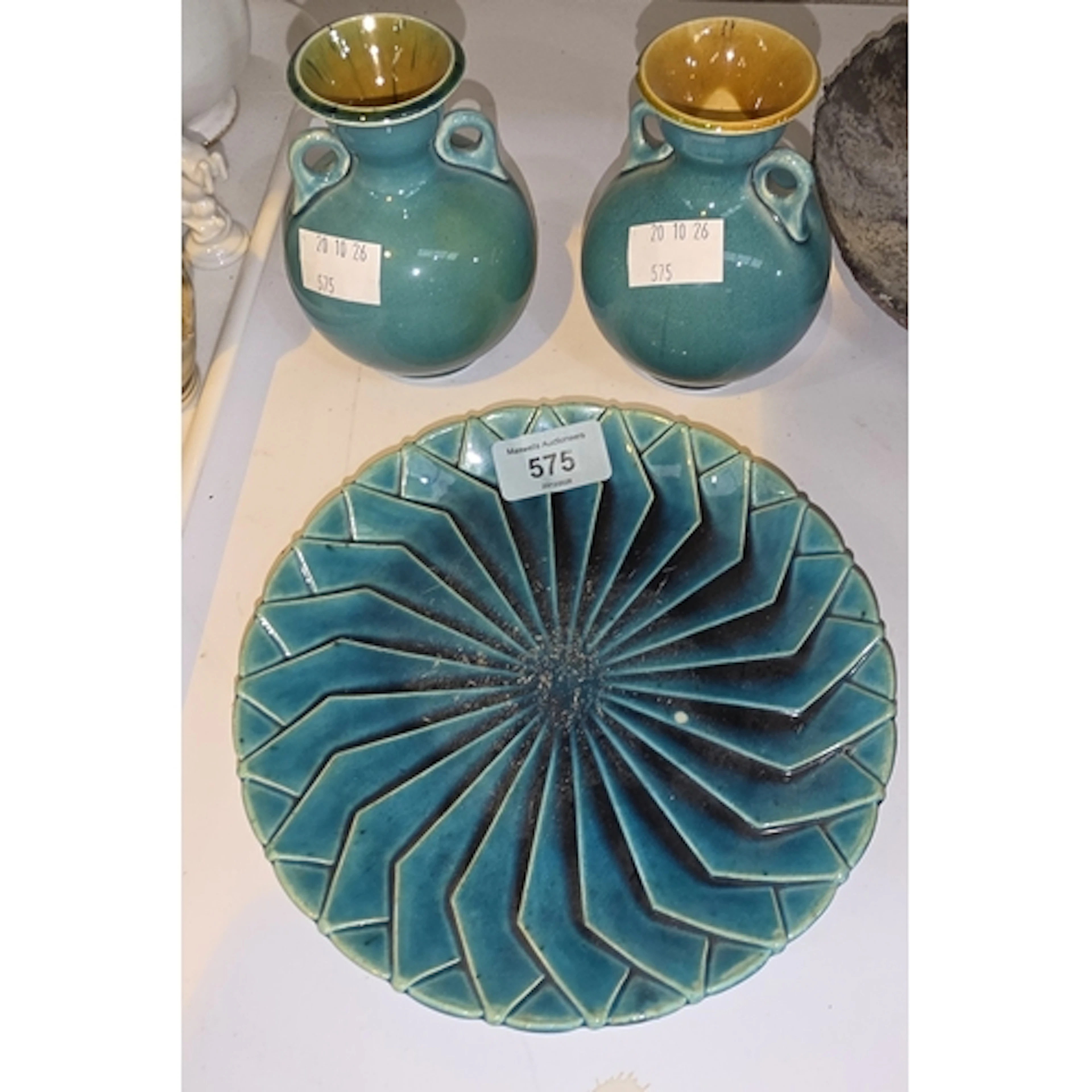 An unusual Linthorpe dish, geometric relief design in turquo...