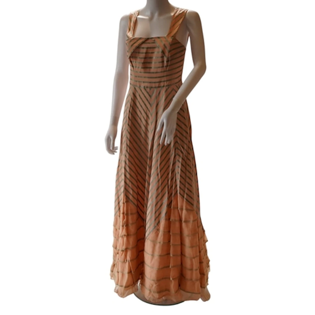 A pink chevron striped taffeta evening gown, with peplum col...
