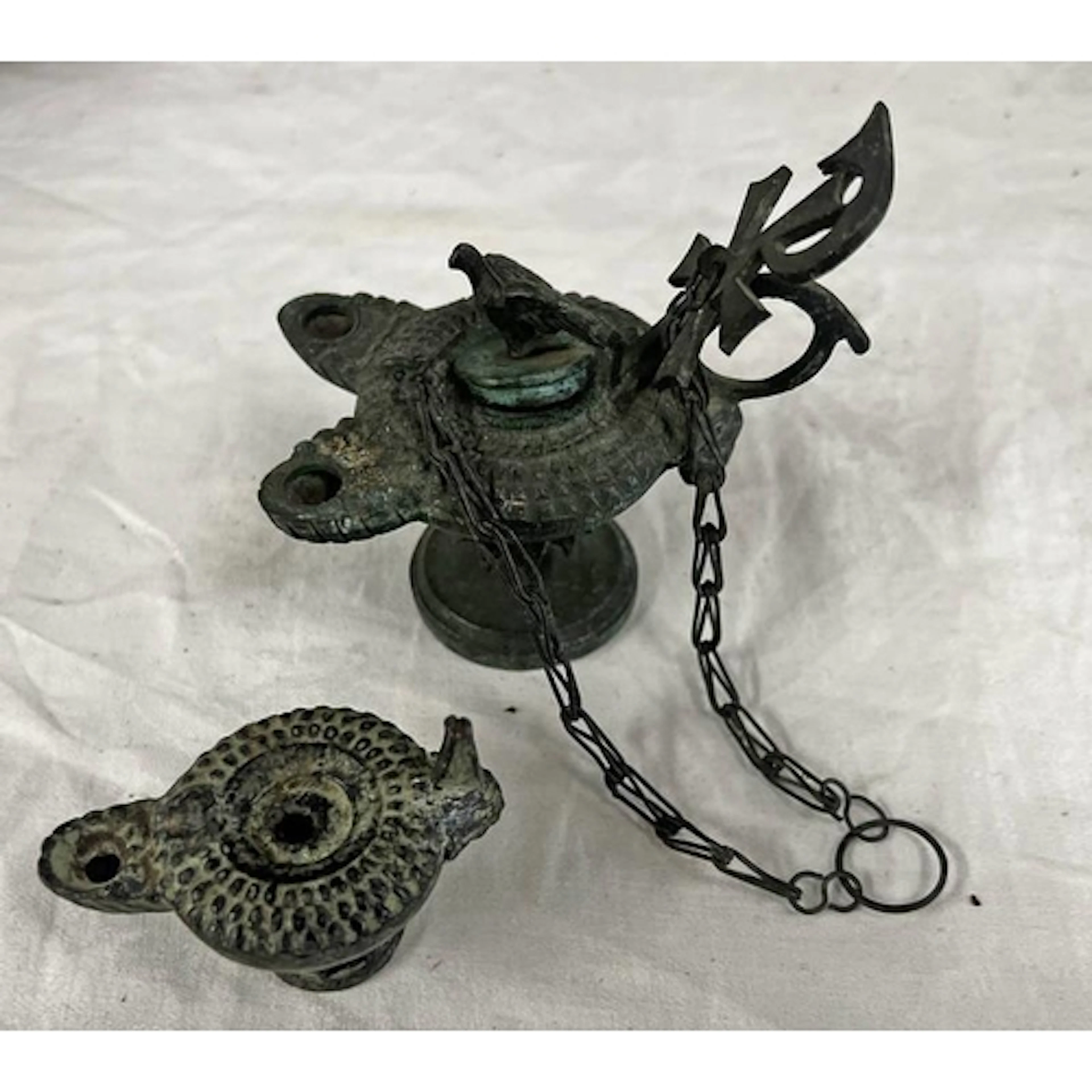 BYZANTINE STYLE BRONZE OIL LAMP WITH TWIN SPOUTS, & A CROSS ...