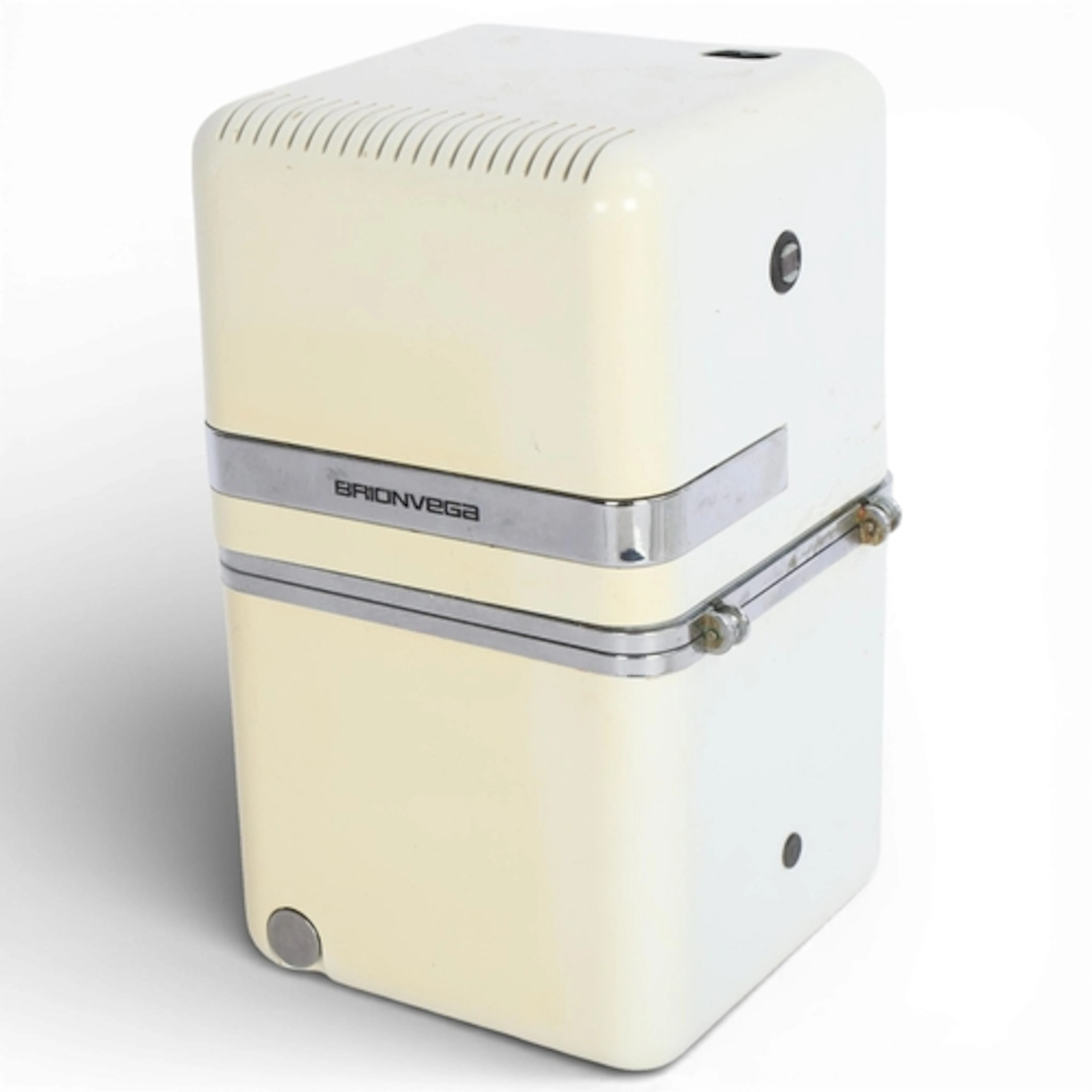 A Brionvega TS502 portable cube radio in cream with chrome c...