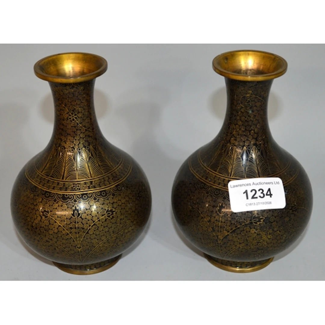 Pair of Chinese cloisonné baluster form vases, on black grou...