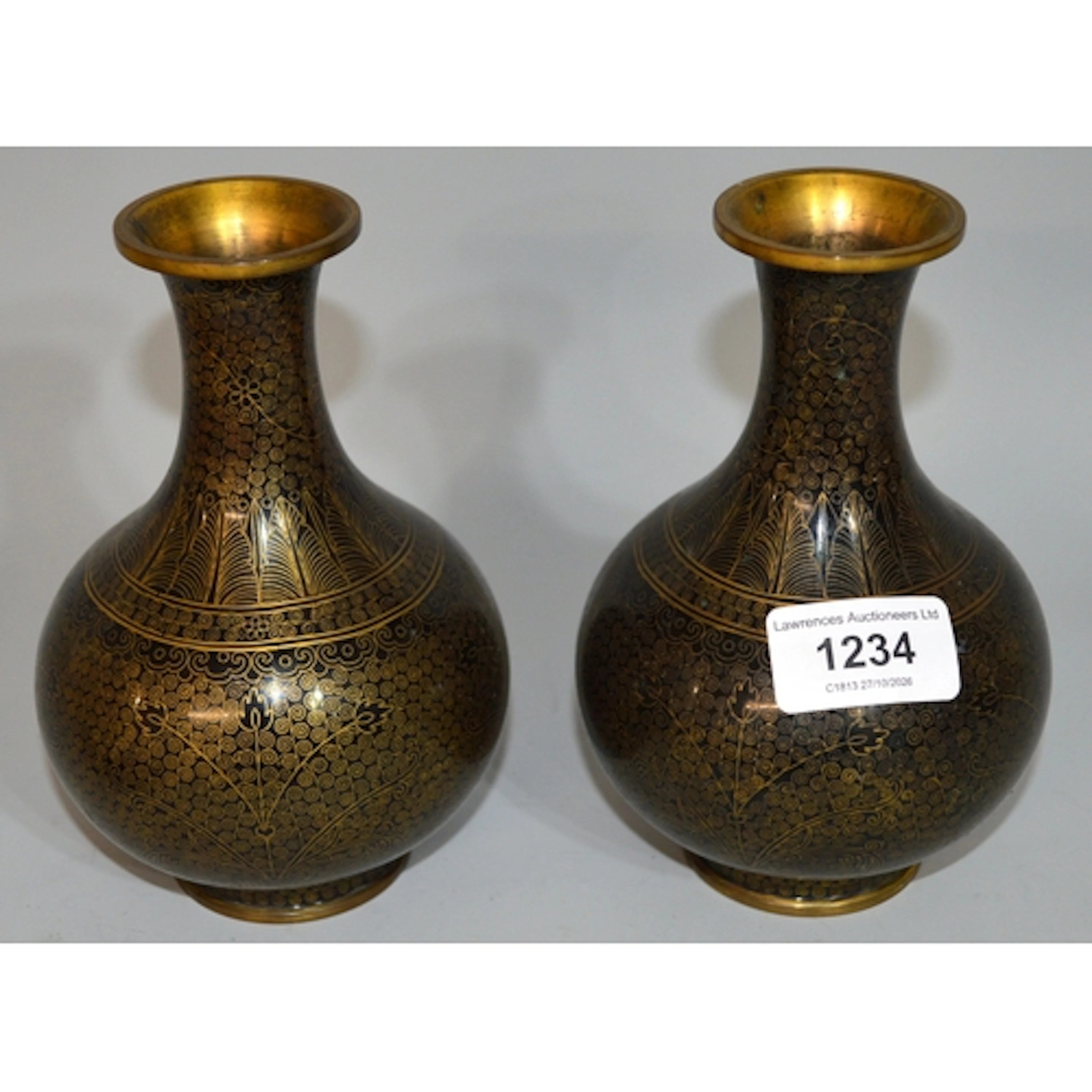 Pair of Chinese cloisonné baluster form vases, on black grou...