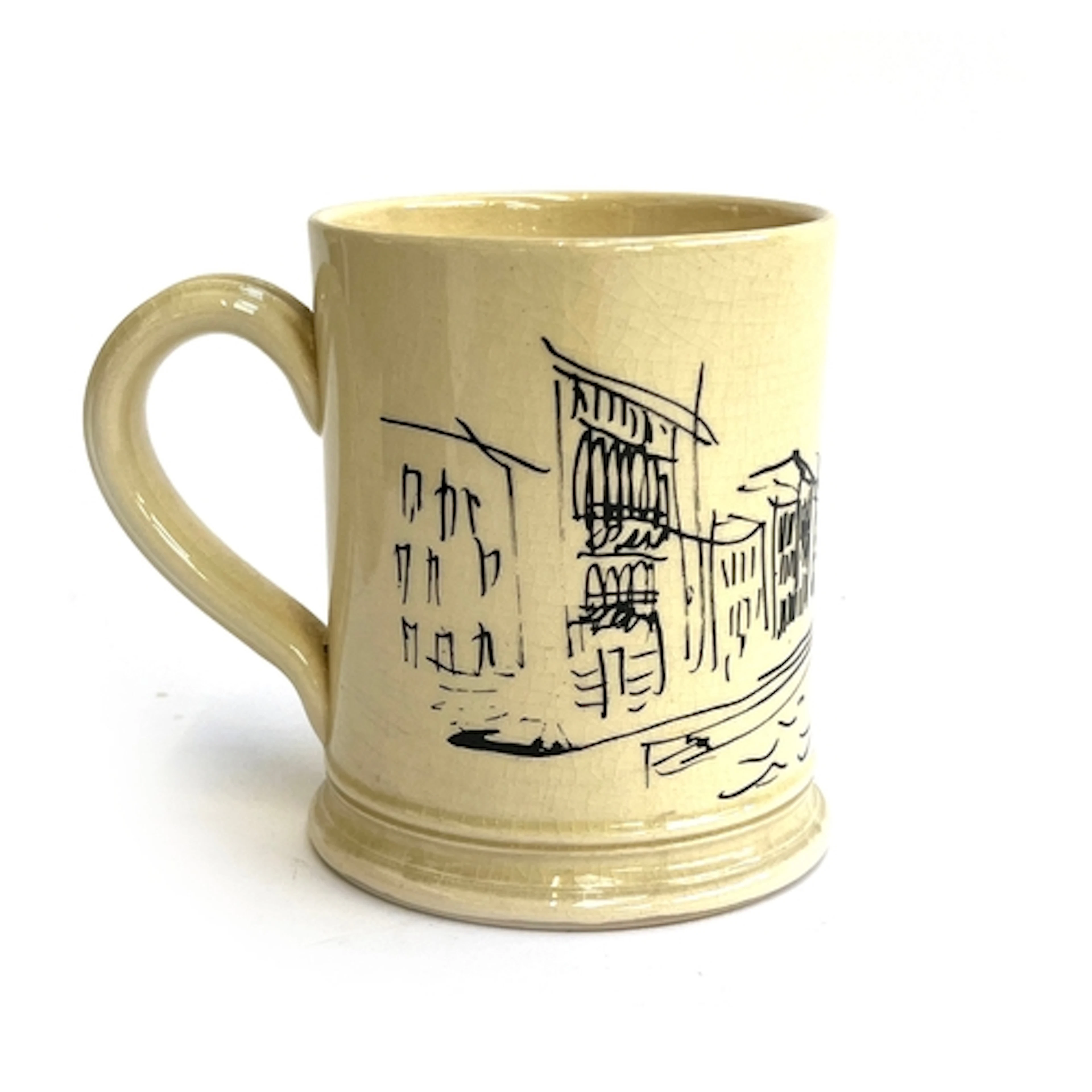 A John Piper for Fulham Pottery mug, decorated in black with...