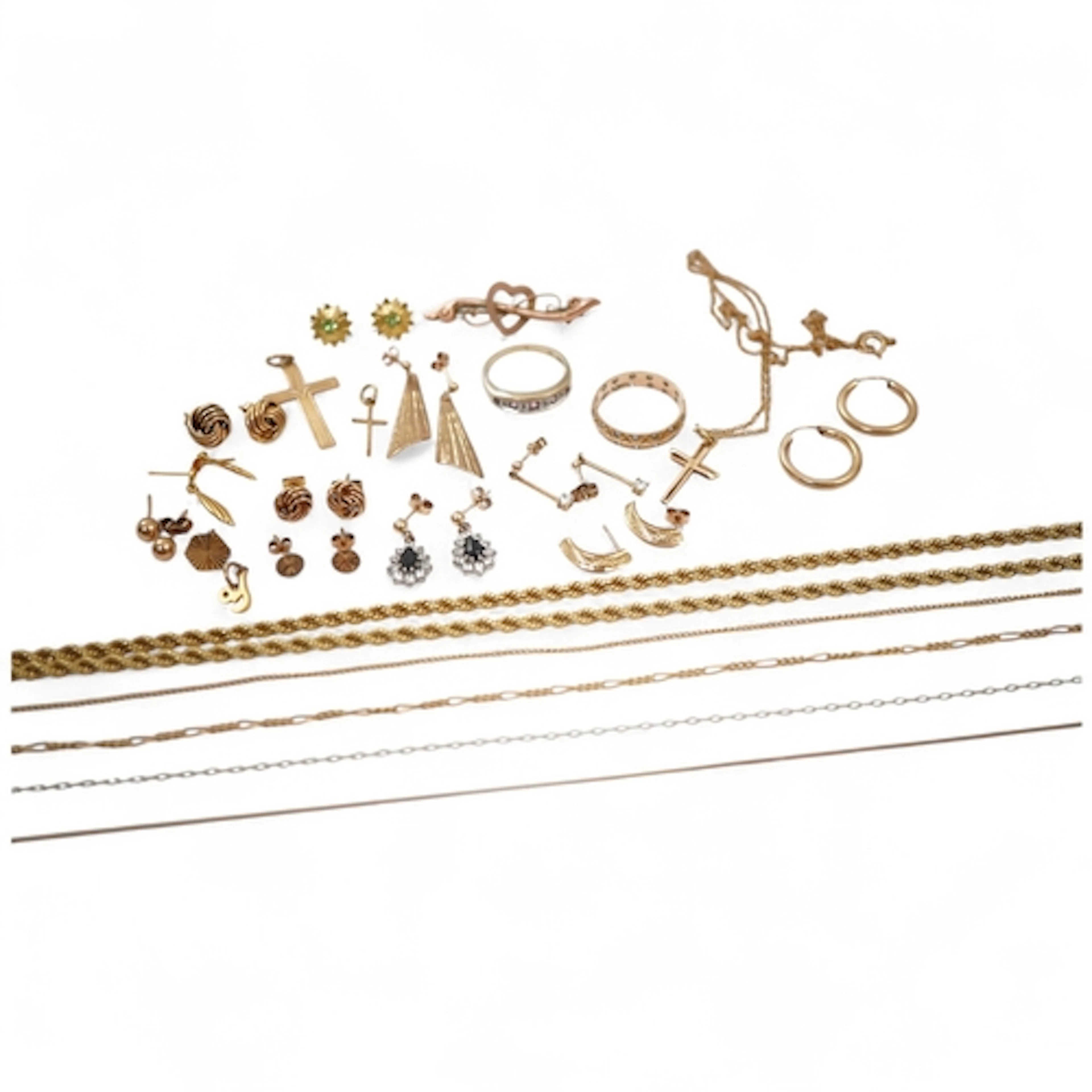 A collection of gold jewellery, comprising: four chains neck...