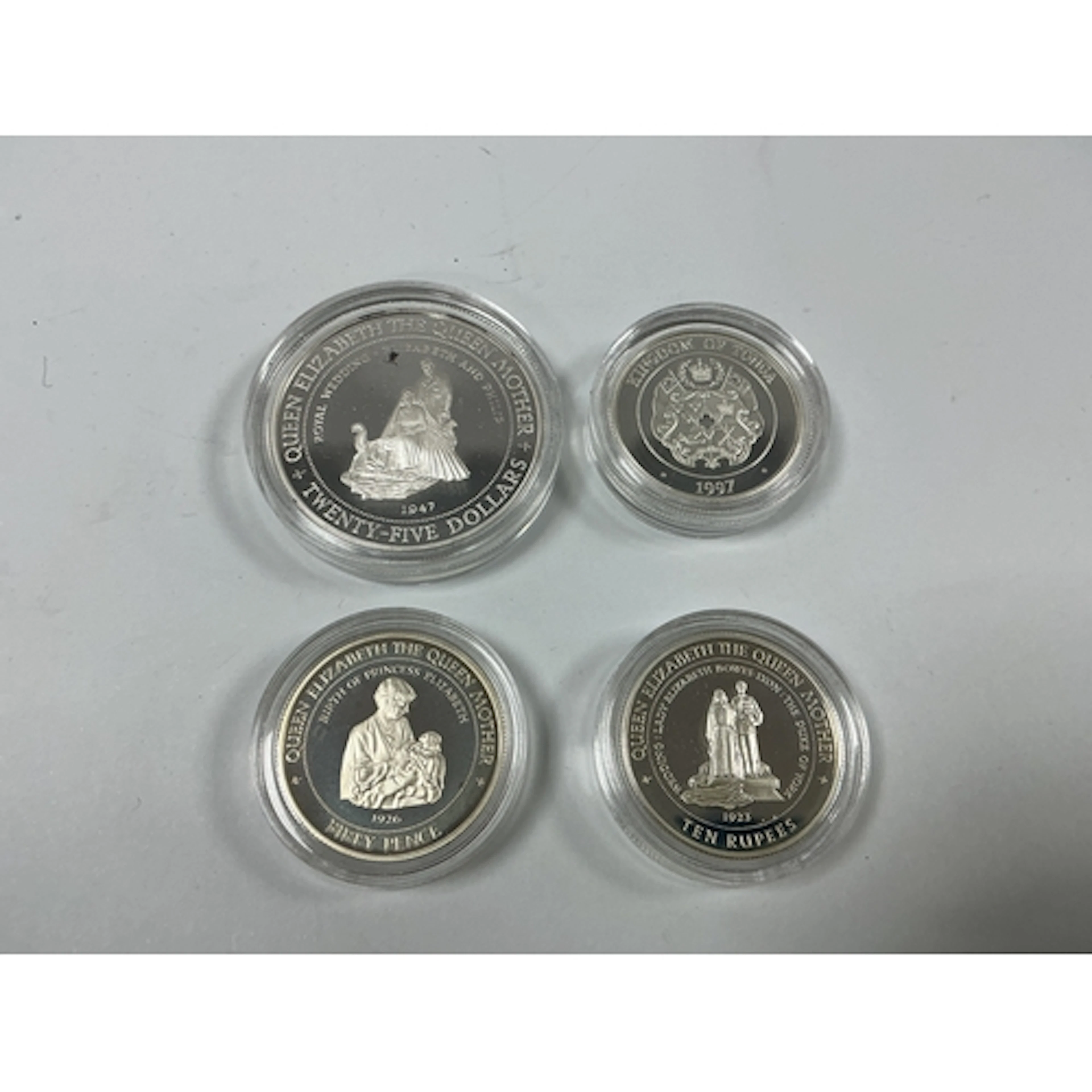 Four Queen Mother Silver Proof Coins, includes a 1994 Jamaic...