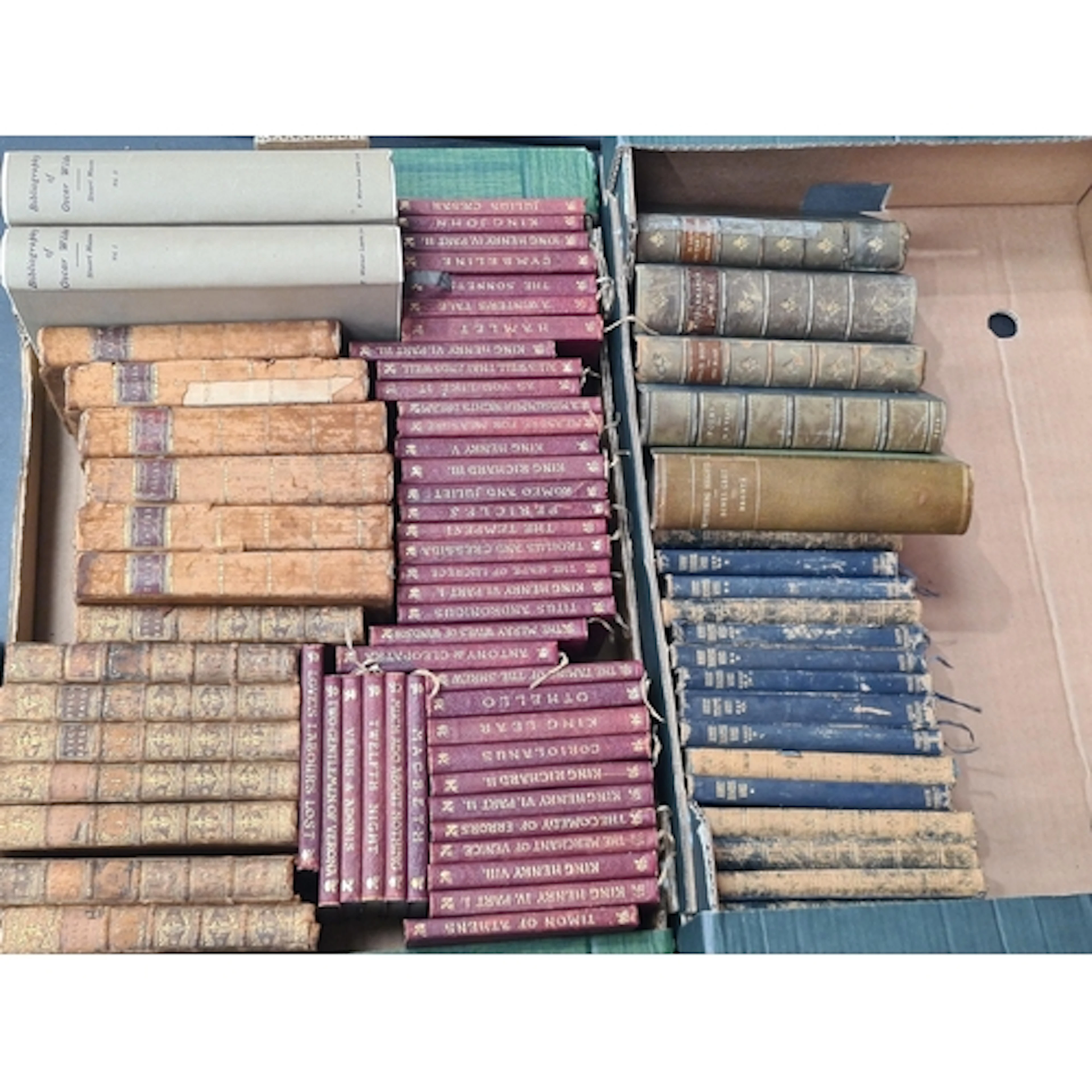 Two boxes of mainly leather bound Volumes including Shakespe...