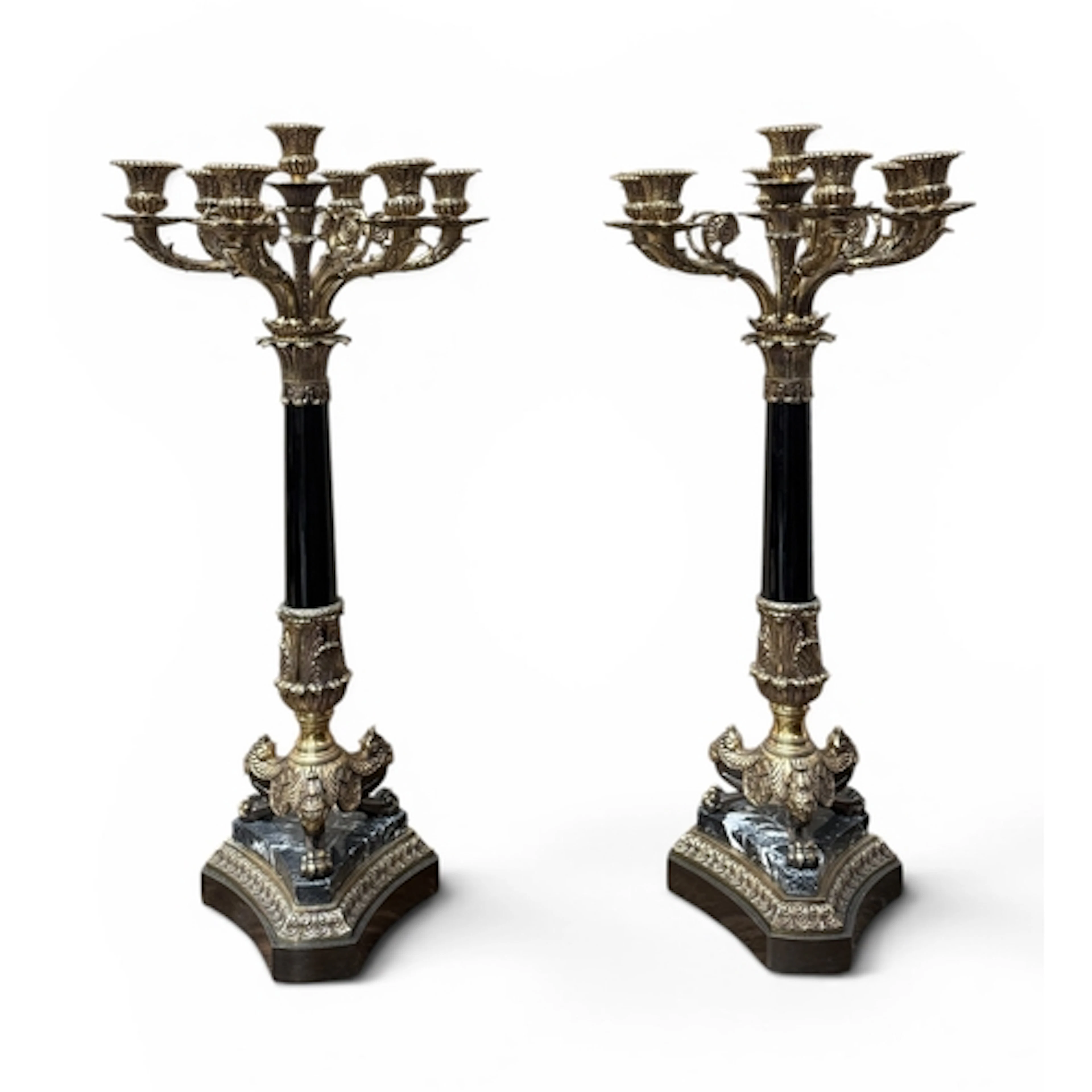 A PAIR OF EMPIRE STYLE BRASS CANDELABRA ON MARBLE AND BRONZE...