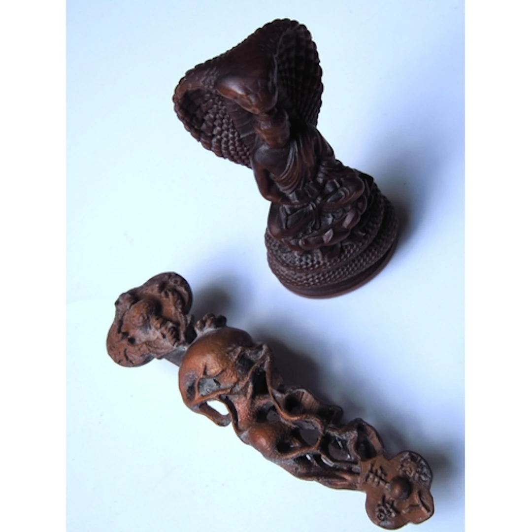 Two Carved Pieces Serpent and Totemic Figure Tallest 6cm Hig...
