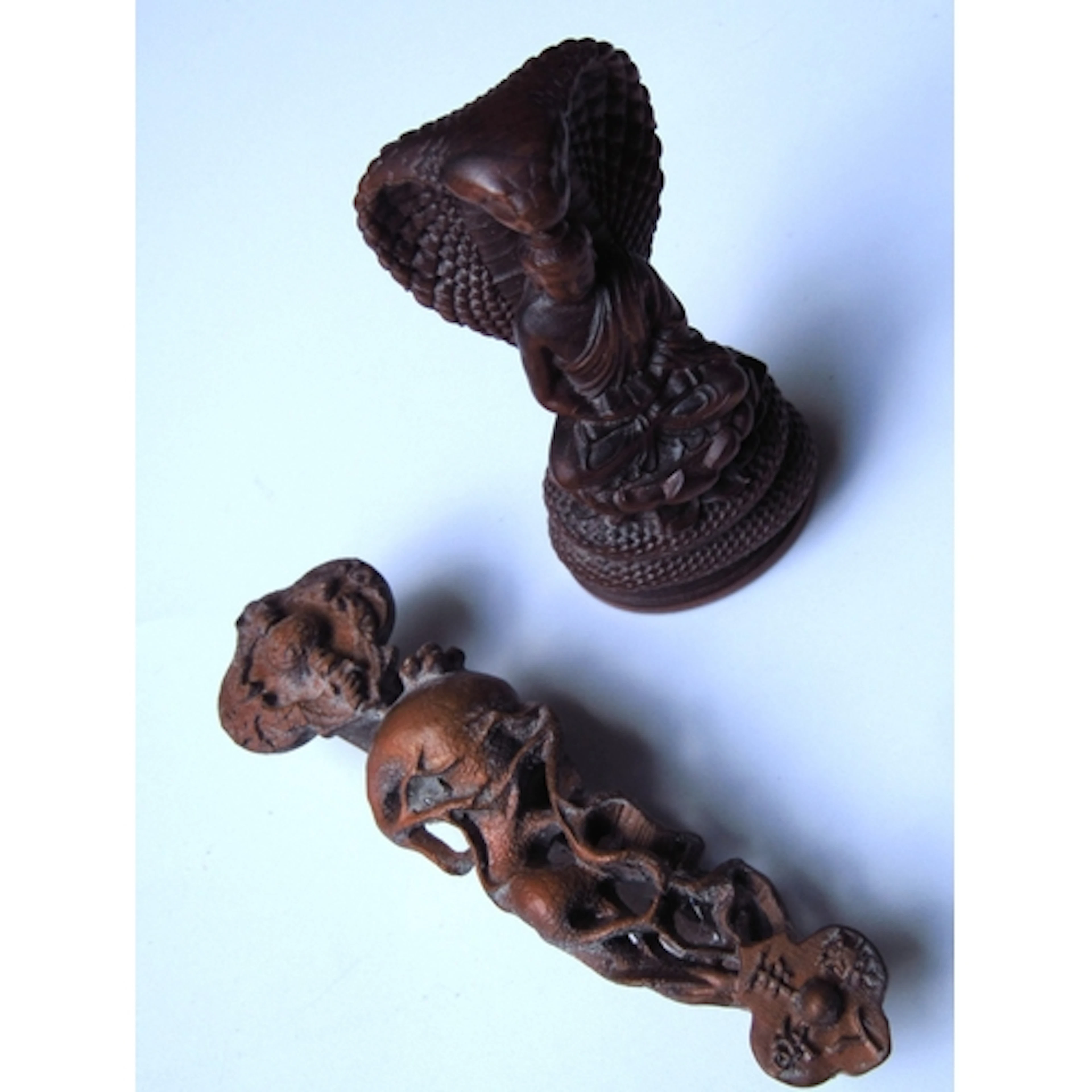 Two Carved Pieces Serpent and Totemic Figure Tallest 6cm Hig...