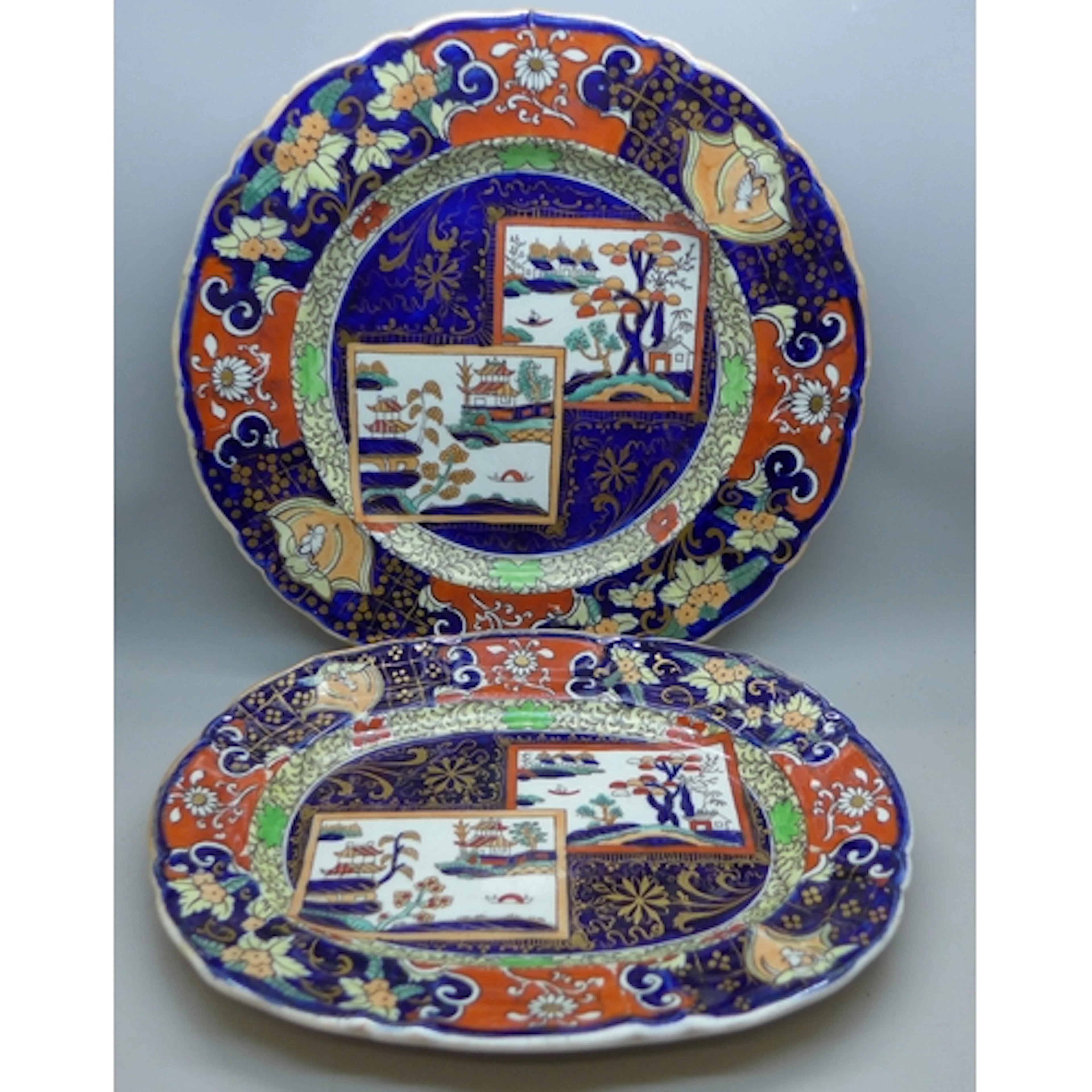 Two Masons Ironstone plates, 26cm diameter, (a/f - largest w...