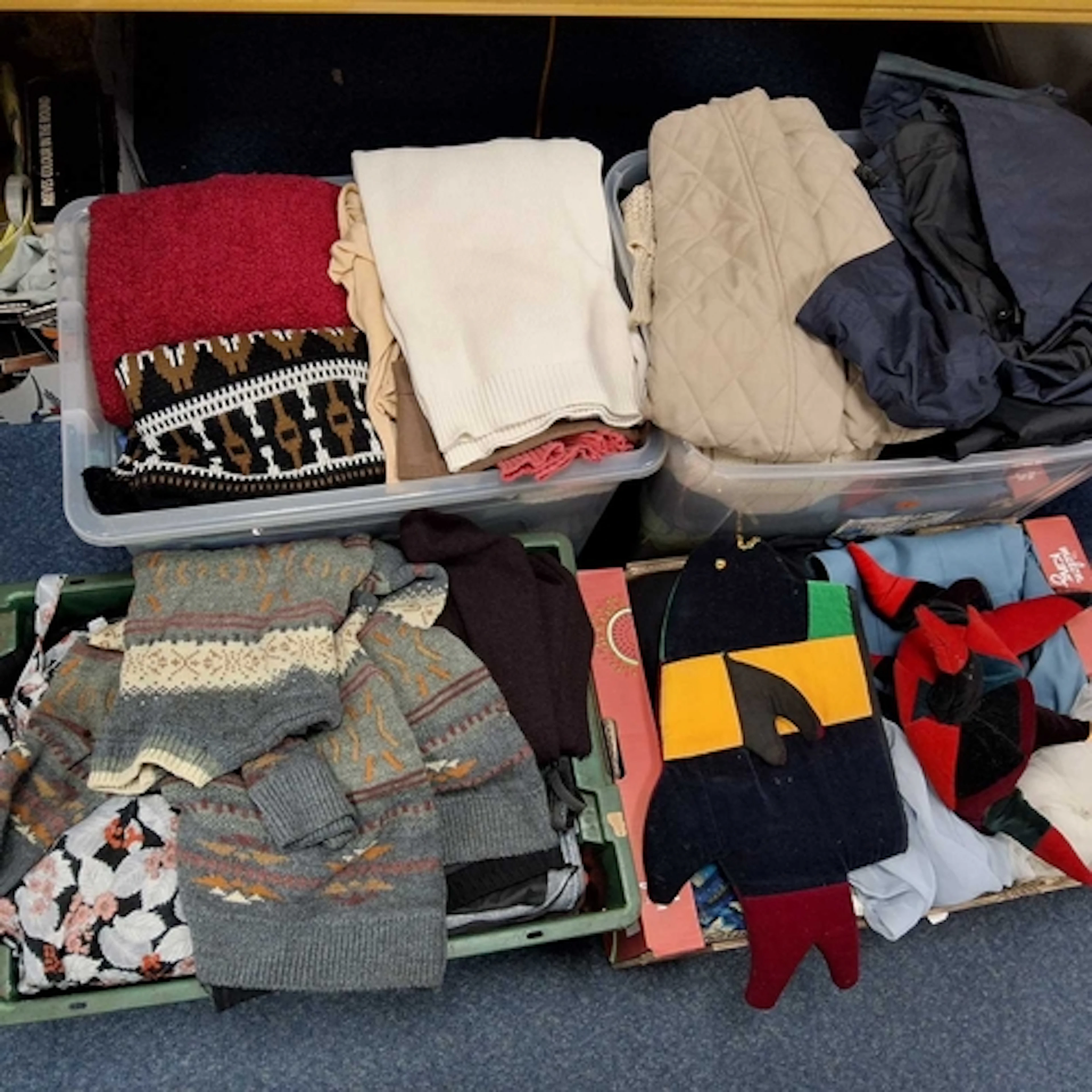 FOUR BOXES OF MOSTLY LADIES' CLOTHING INCLUDING SOME VINTAGE...