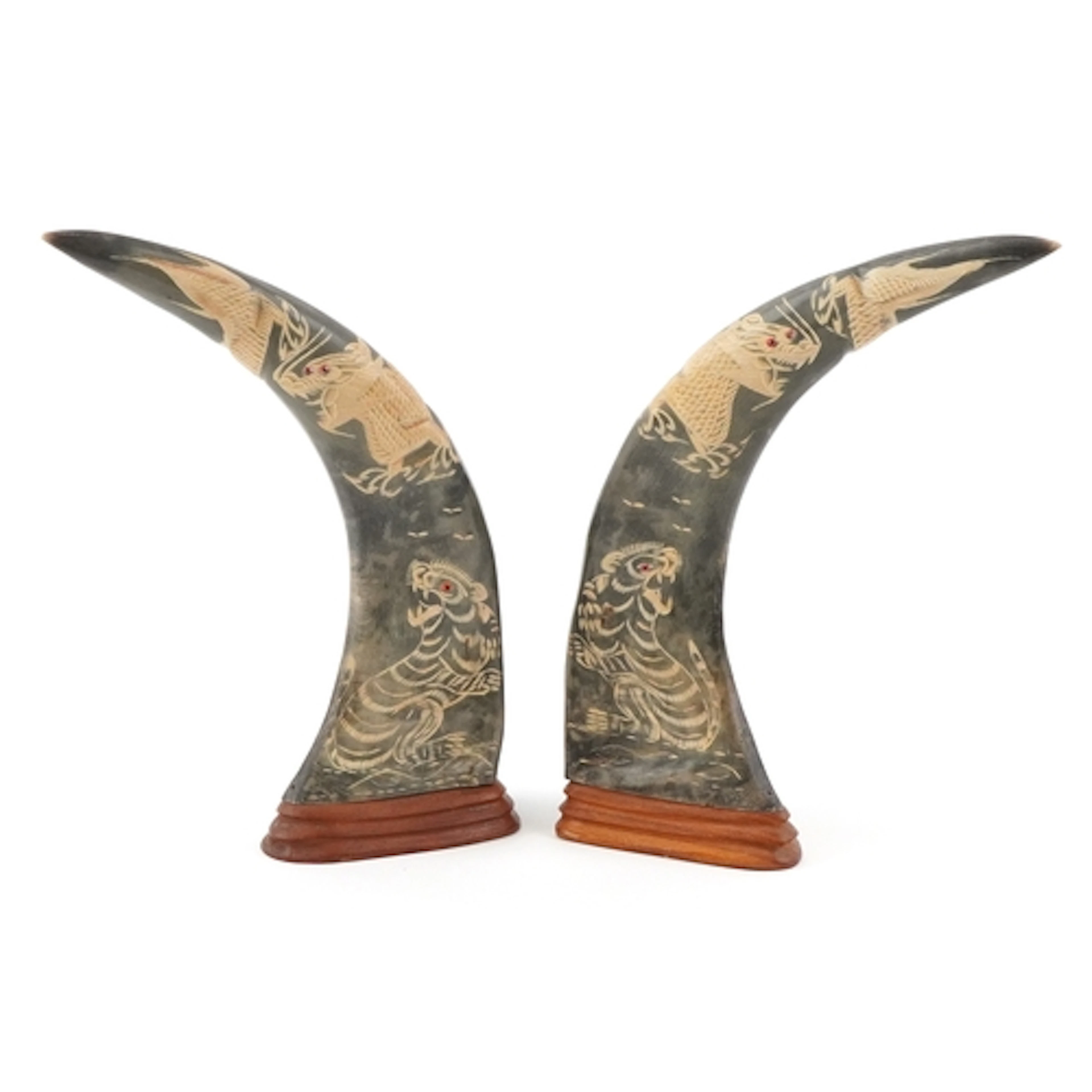 Pair of Chinese water buffalo horns carved with dragons and ...